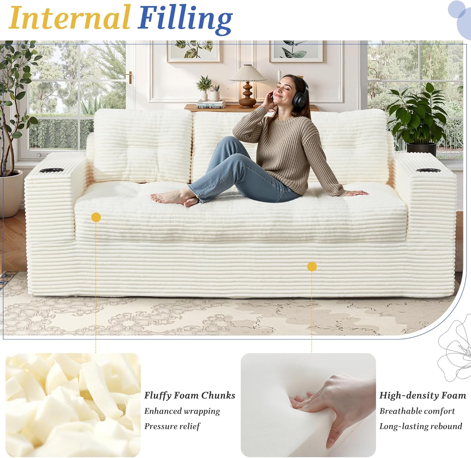 HOMREST Boneless Couch for Living Room, 75" Modern 3-Seater Sofa with Deep Seat, Upholstered Cloud Sofa with Cup Holder, No Assembly Couch, Compressed Floor Sofa for Bedroom, Dorm, Apartment,Beige