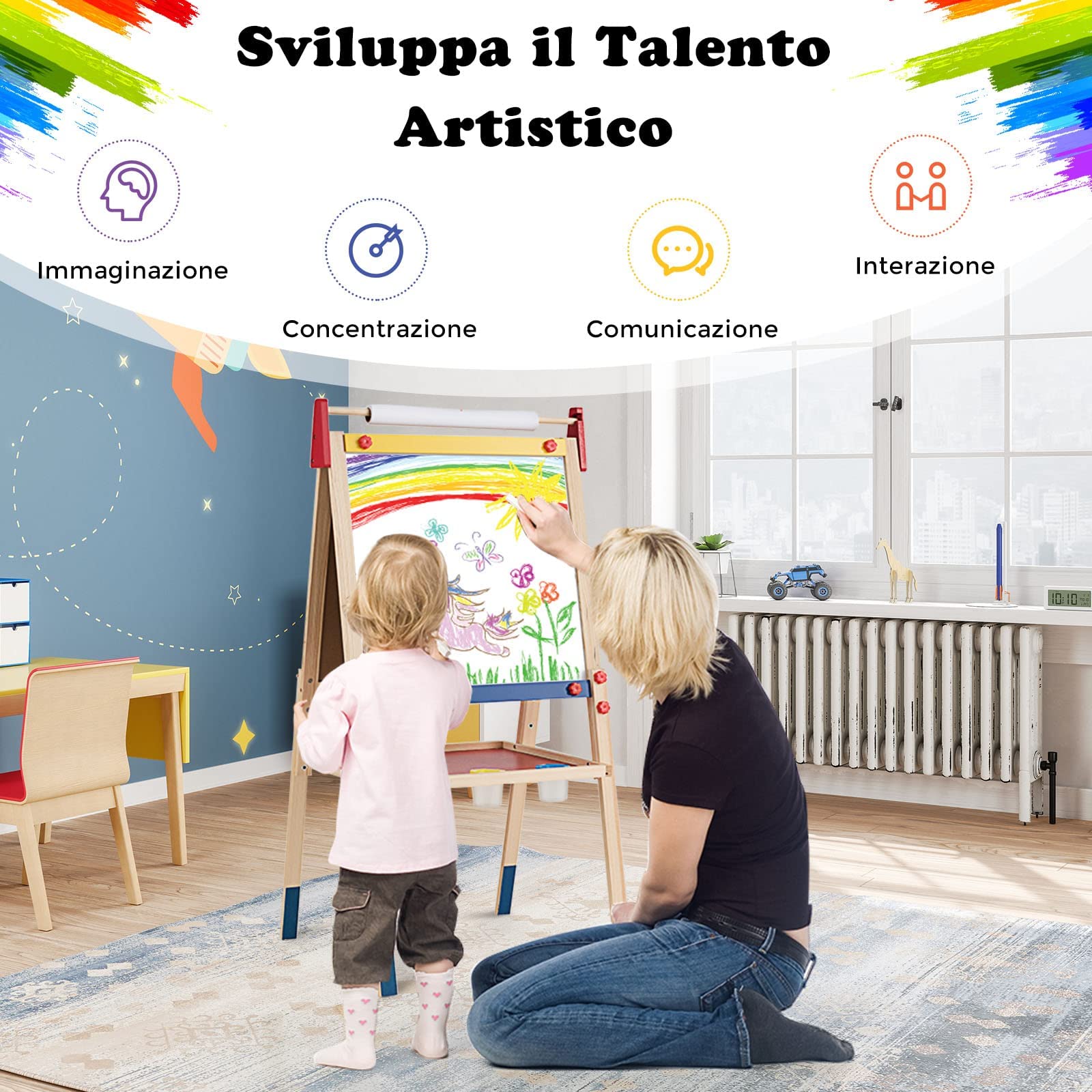 RELAX4LIFE Cavalletto in Legno per Bambini Regolabile in Altezza a 3 Livelli, con Doppia Pittura Laterale, Lavagna per Dipingere, Lavagna in Legno, 60x55x112,5-124,5 cm, Naturale