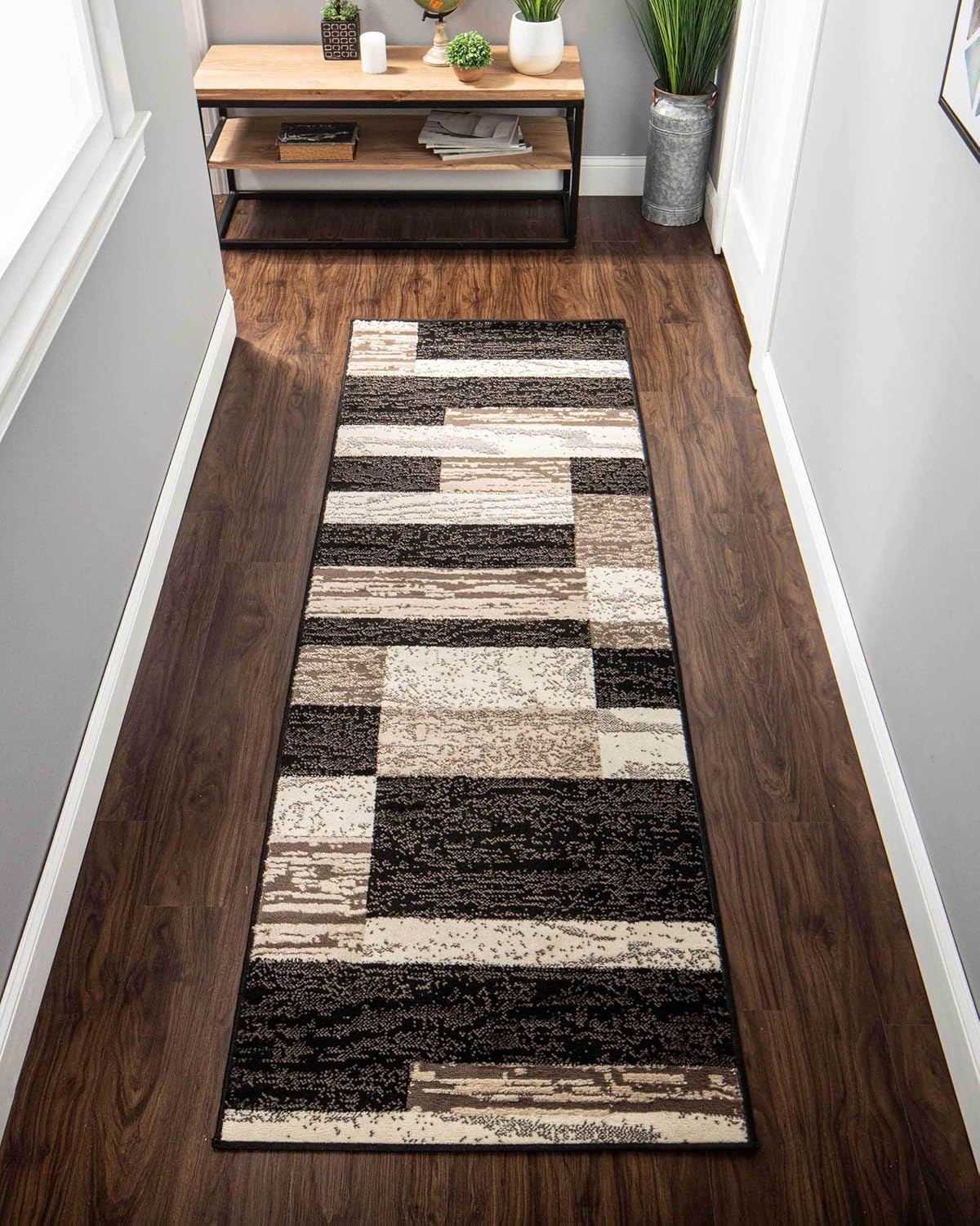 Superior Indoor Runner Rug, Jute Backing, Plush Modern Rugs for Entryway, Kitchen Floors, Office Floor Cover, Color Block Rugs, Rockwood Collection, 2' x 11', Chocolate A Chocolate 2' x 11' (Rectangular)