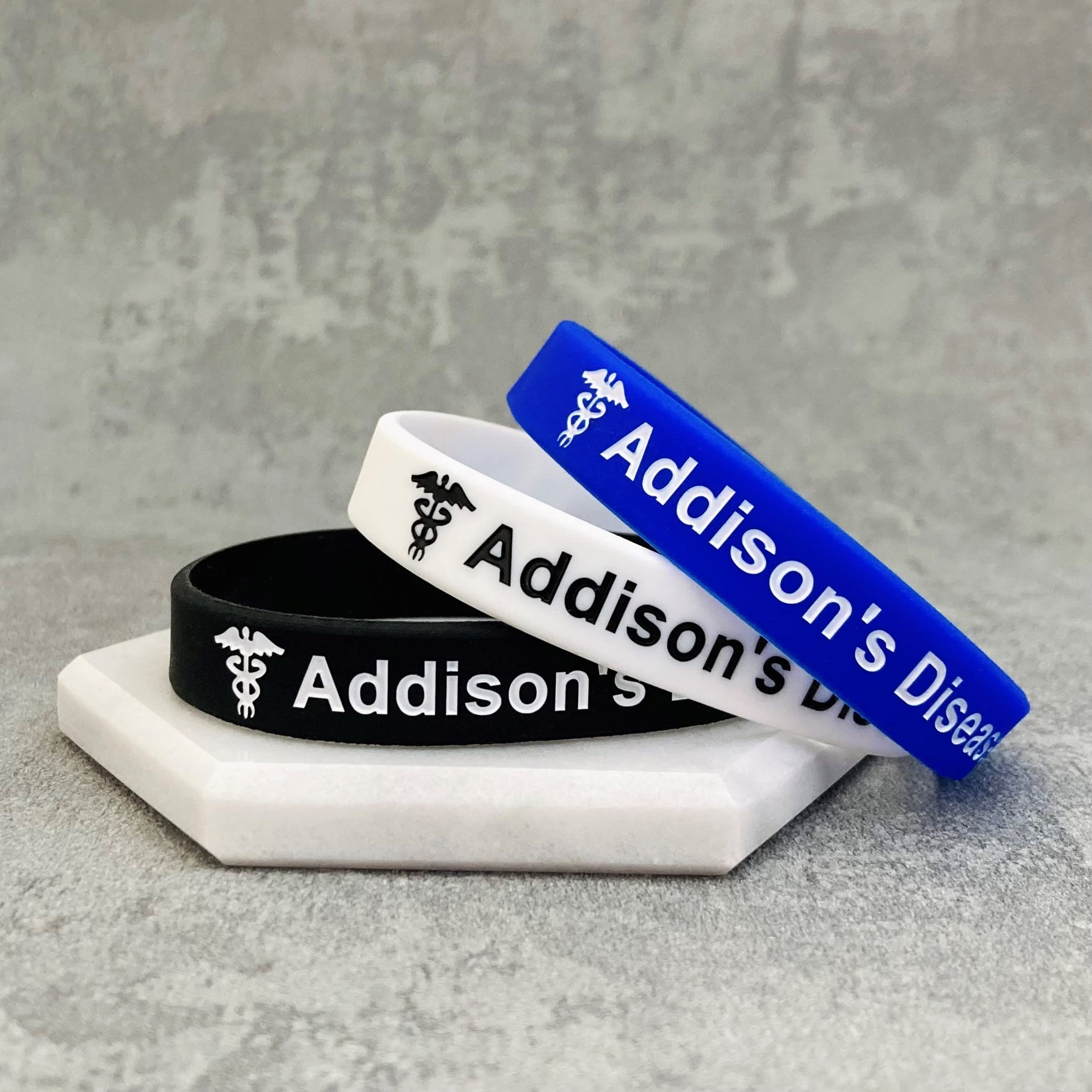 Addison's Disease - Enfermedad de Addison, Juego de 3 Pulseras de silicona Negro Blanco Azul para alerta médica emergencia identificación médica para hombres y mujeres