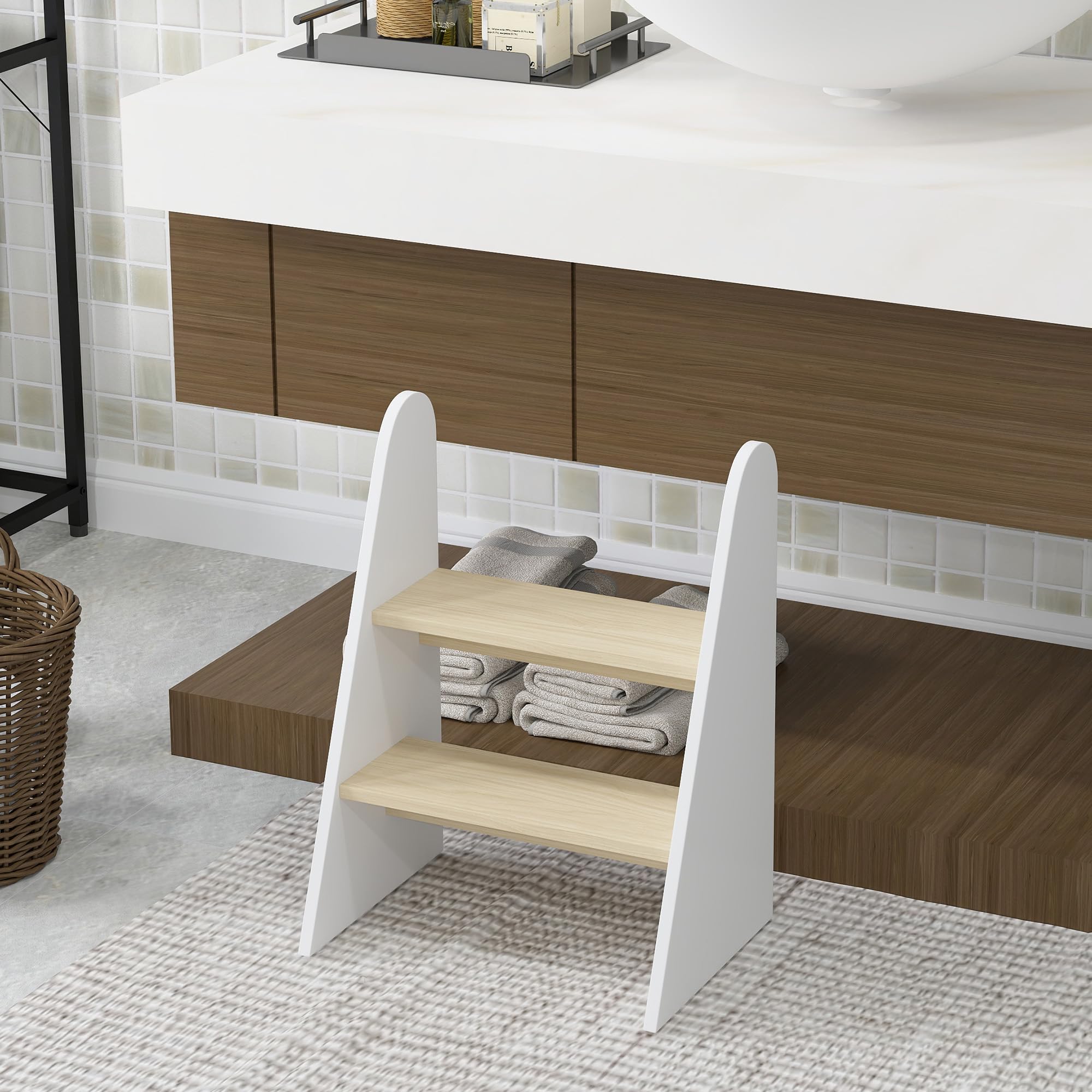 AIYAPLAY Sgabello a 2 gradini per bambini 3-8 anni, 20kg, legno bianco | Sgabello per bambini, per cucina, bagno, addestramento al vasino