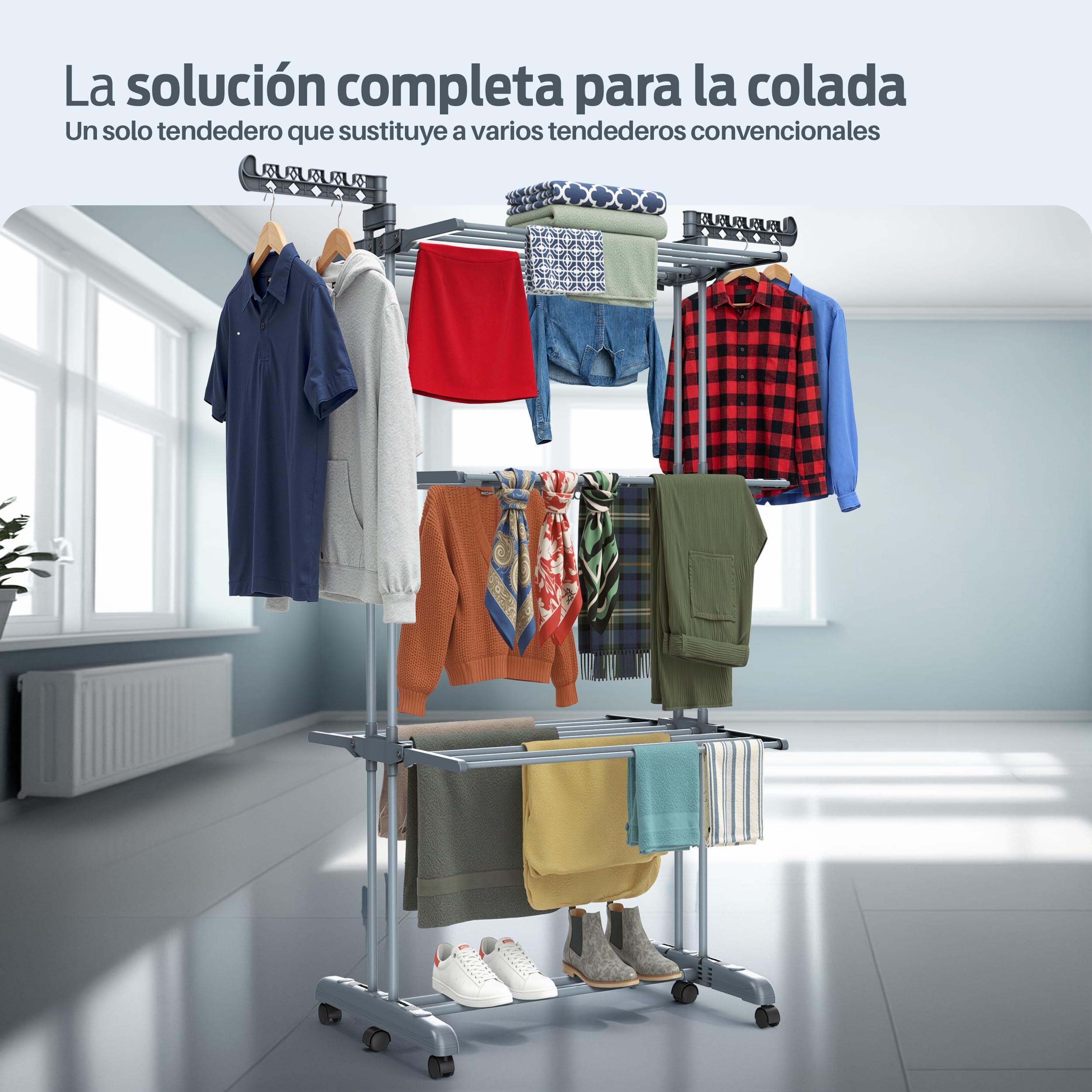 PORTENTUM Tendedero Vertical Plegable con 4 Niveles y 24 Barras de Secado – hasta 40 kg – Tenderete con 2 Accesorios para Calcetines y 2 alas Laterales para Perchas – Ruedas giratorias con Freno