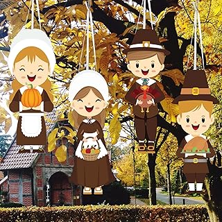 4 Pcs Thanksgiving Pilgrim Boy and Girl Windsocks Thanksgiving Yard Hanging Decor Outdoor Fall Wind Sock Windsocks Flag Decorations Fall Harvest Windsock Hanging Flag for Home Garden Yard