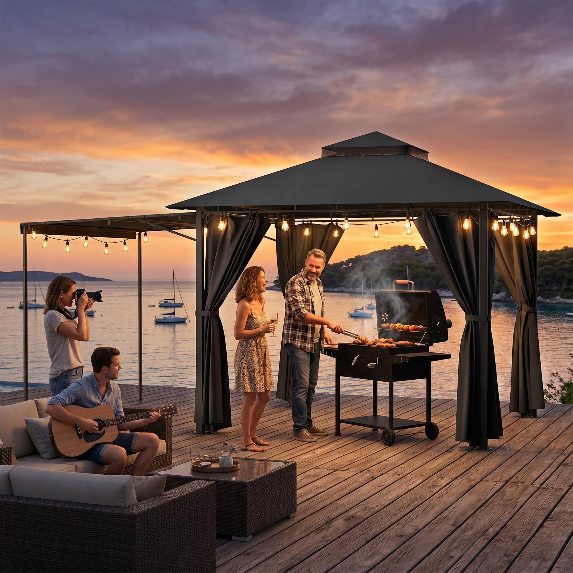 JUMMICO Pavillon 3 x 3 m Grillpavillon, mit 1.8m Verstellbarer Markise, Erweiterbar auf 3 x 4,8 m, für 6-10 Personen zum Entspannen, Grillen und Feiern, mit vierseitigem Stoffbesatz, Dunkelgrau