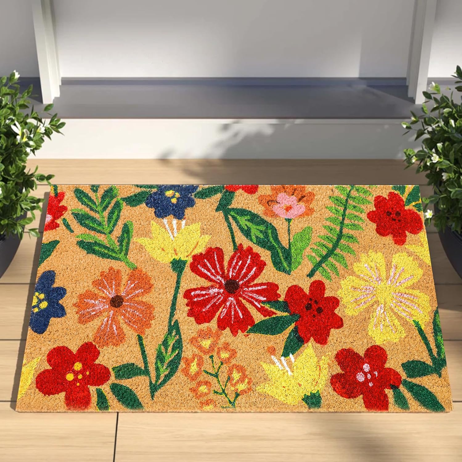 FYSUIMU Summer Floral Natural Coir Doormat Non-Slip Bright Blossom Entrance Door Rugs for Spring Indoor Outdoor Home Bathroom Decor, 16.5 x 29 Inch