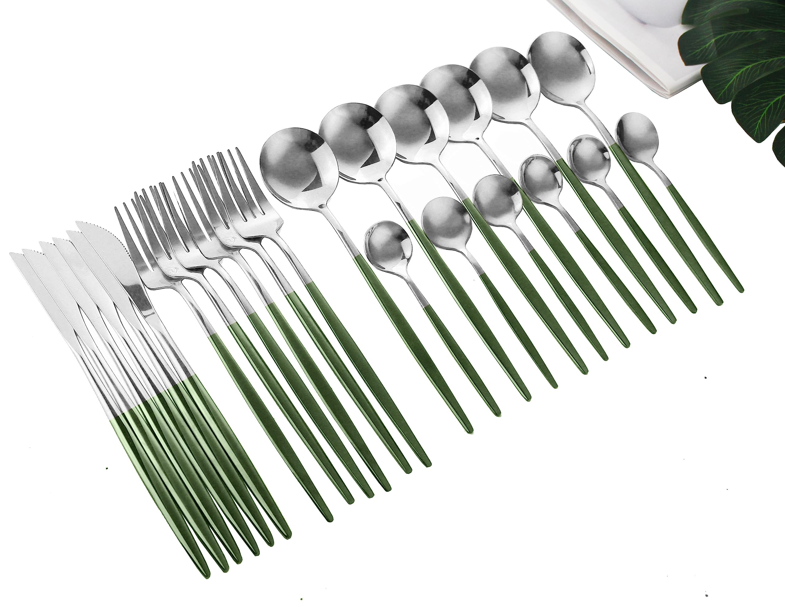 Dnalrhoi 24-Piece Korean Silverware Set Mirror Polished Stainless Steel Modern Flatware Cutlery Set Service for 6 Including Forks Spoons Knives Kitchen(Dark Green Silver)