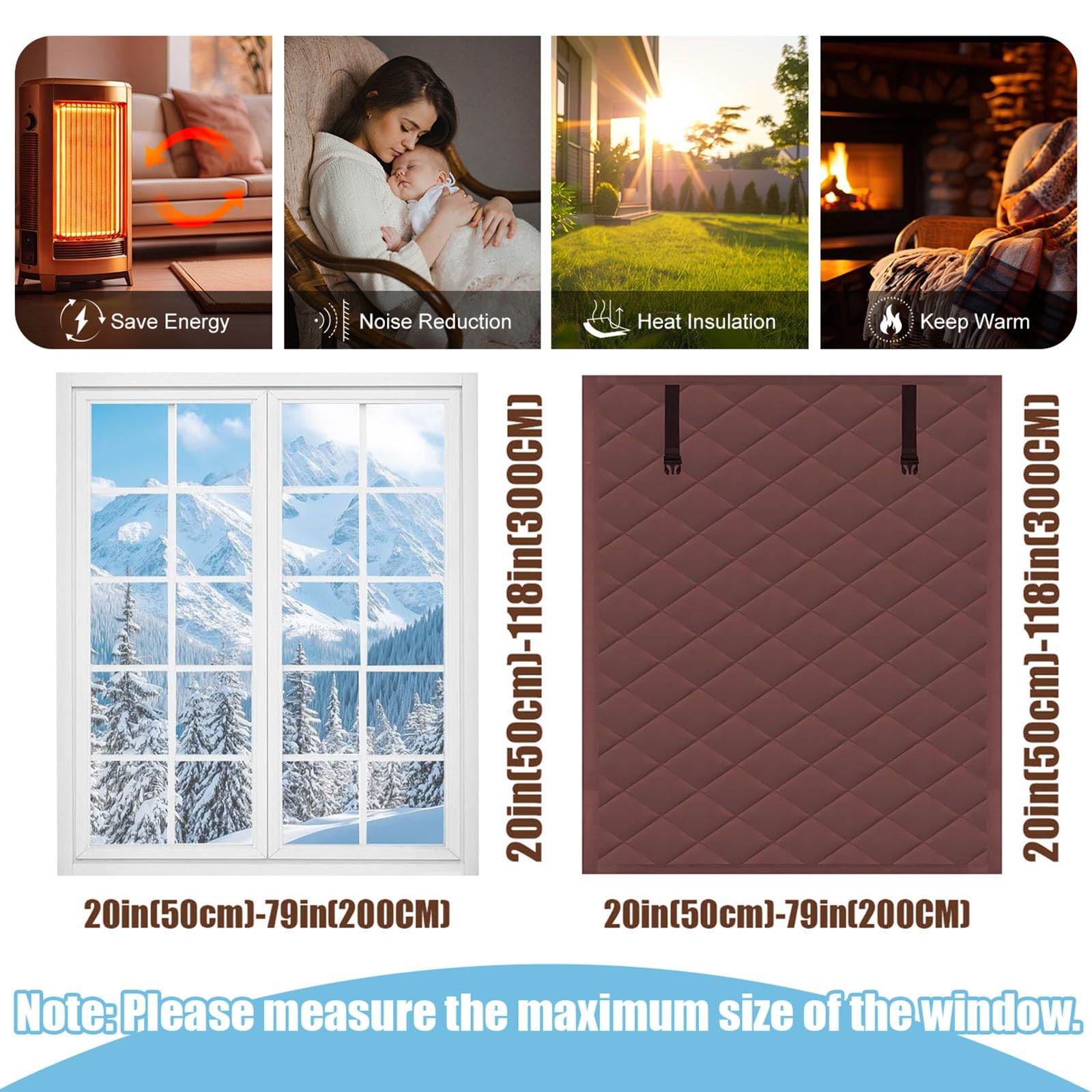 Fenster-Isolier-Set für den Winter 100x160 cm & 160x100 cm 3-Schicht Verdickte Verdunkelung, Isolier-Vorhang Abdeckung zum Warmhalten des Zuhauses(Braun,55x71in)