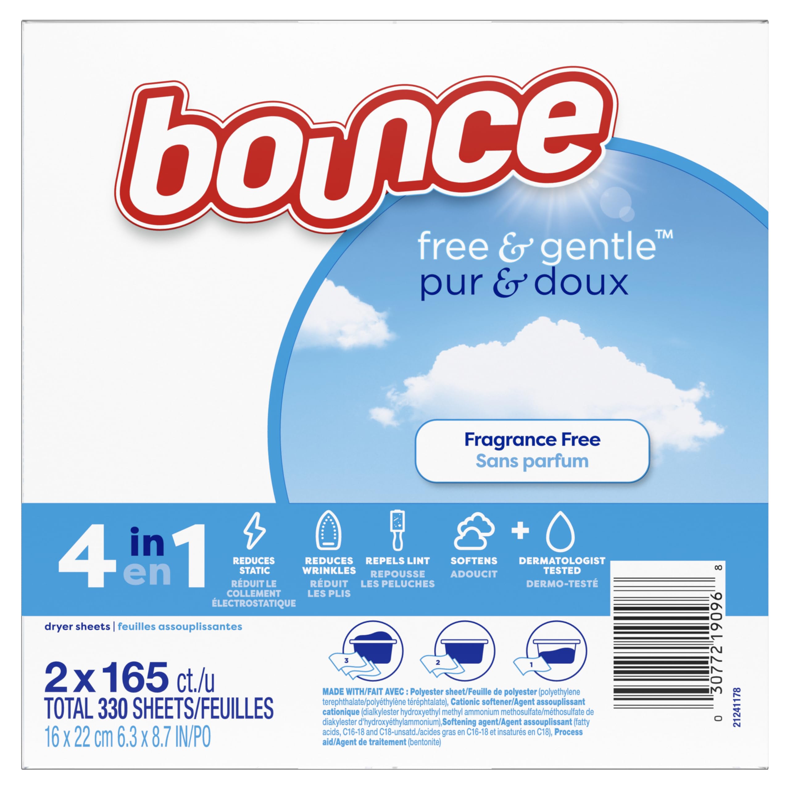 Bounce Free & Gentle – Toallitas de secado – sin perfume · 330 unidades de toallitas suavizantes para la secadora · Para pieles sensibles · Antiestático