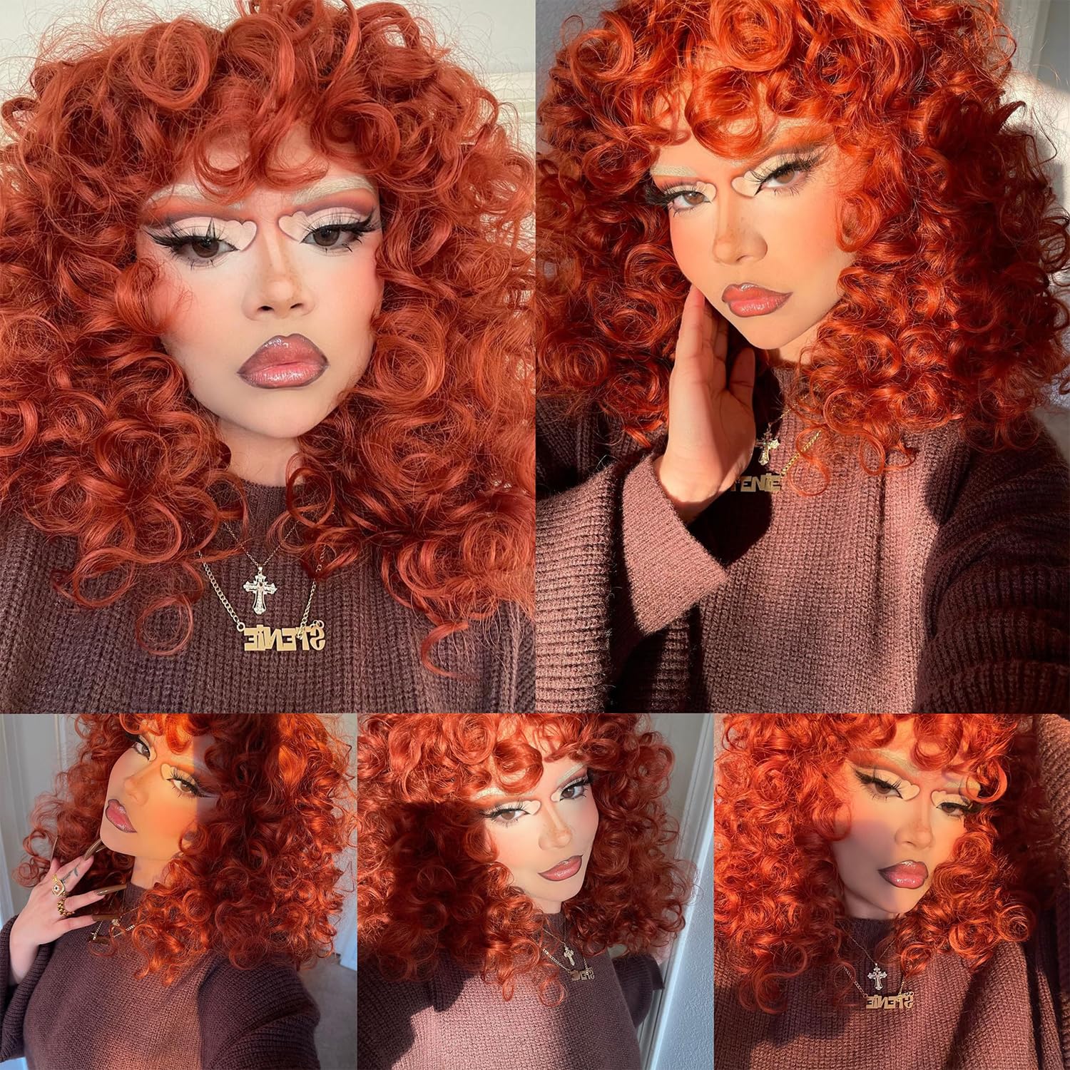 GKtineke-Curly-Wig Big-Curly-Wigs-for-White-Black-Women 20 Inch- Long-Curly-Wig-with-Bangs Synthetic-Hair-Replacement-Wigs-for- Cosplay and Daily (): Ginger