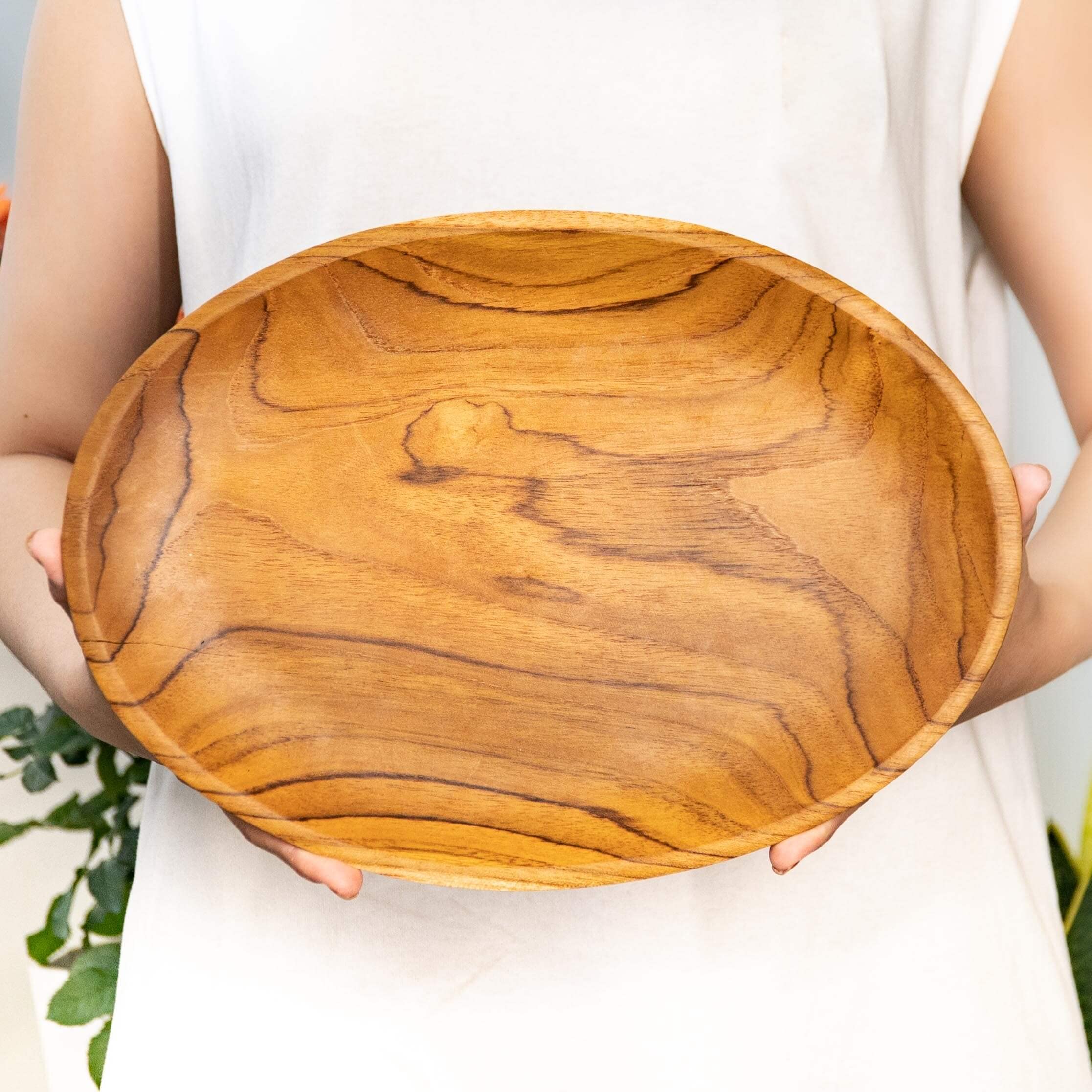 Rainforest Bowls Owalny talerz z drewna tekowego, duży, 2 sztuki, do jedzenia i dekoracji, dekoracyjny talerz kuchenny do jedzenia, serwowania, ręcznie robiona rustykalna zastawa stołowa z Indonezji