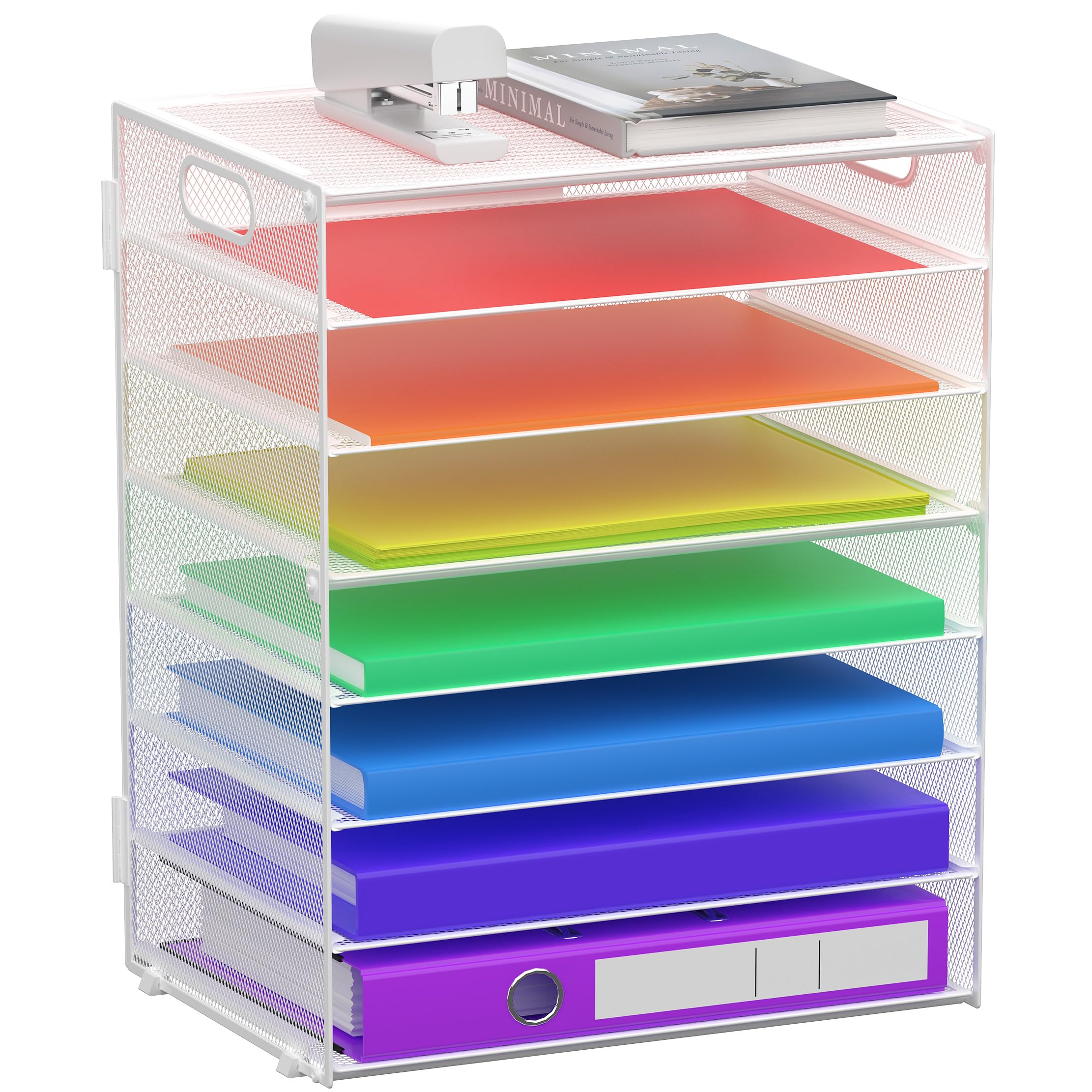 Bandeja organizadora de papel de 8 niveles con asas, soporte de malla para archivos, organizador de almacenamiento para el hogar, escuela, aula y oficina (blanco)