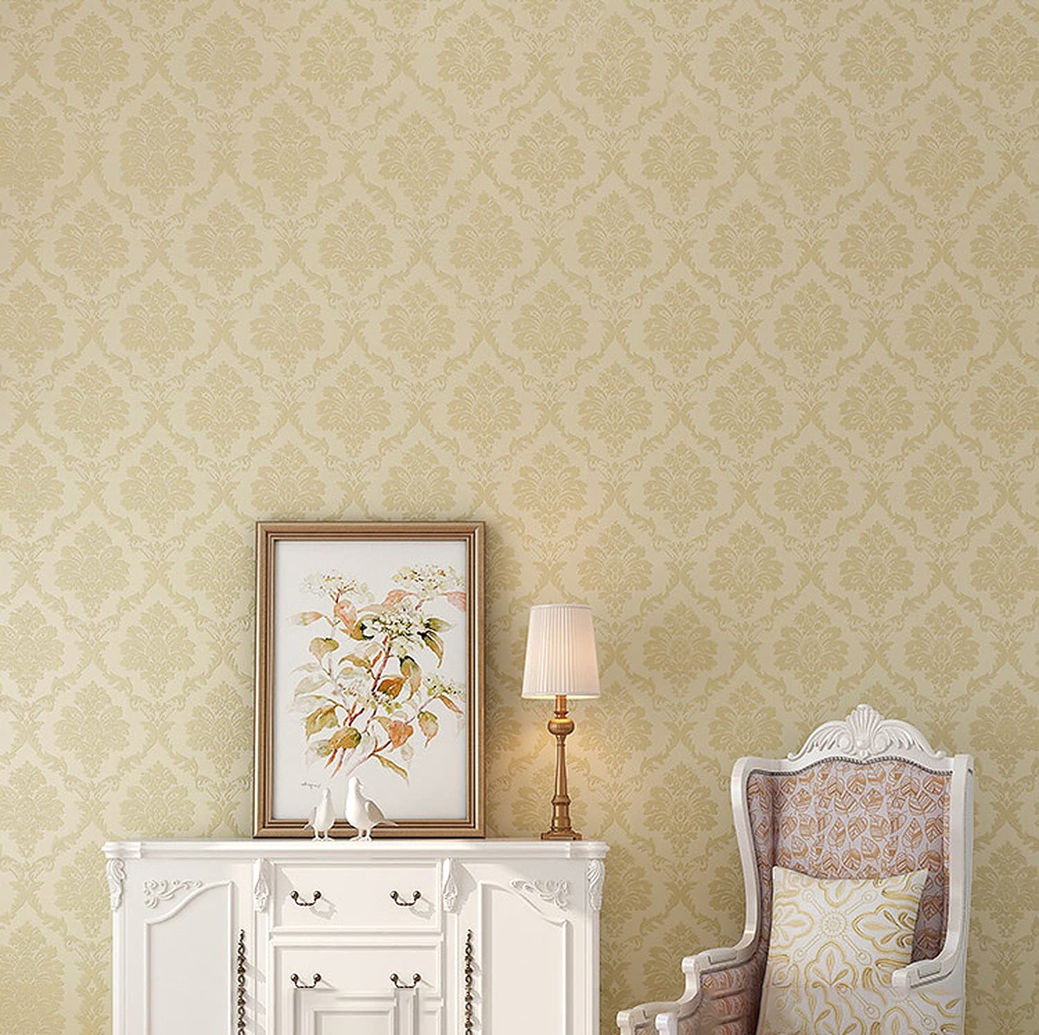 wolpin Wall Stickers Damask Pattern Wallpaper (45 cm x 600 cm) Textured Flowers Home Stylish Decoration Self Adhesive, Beige