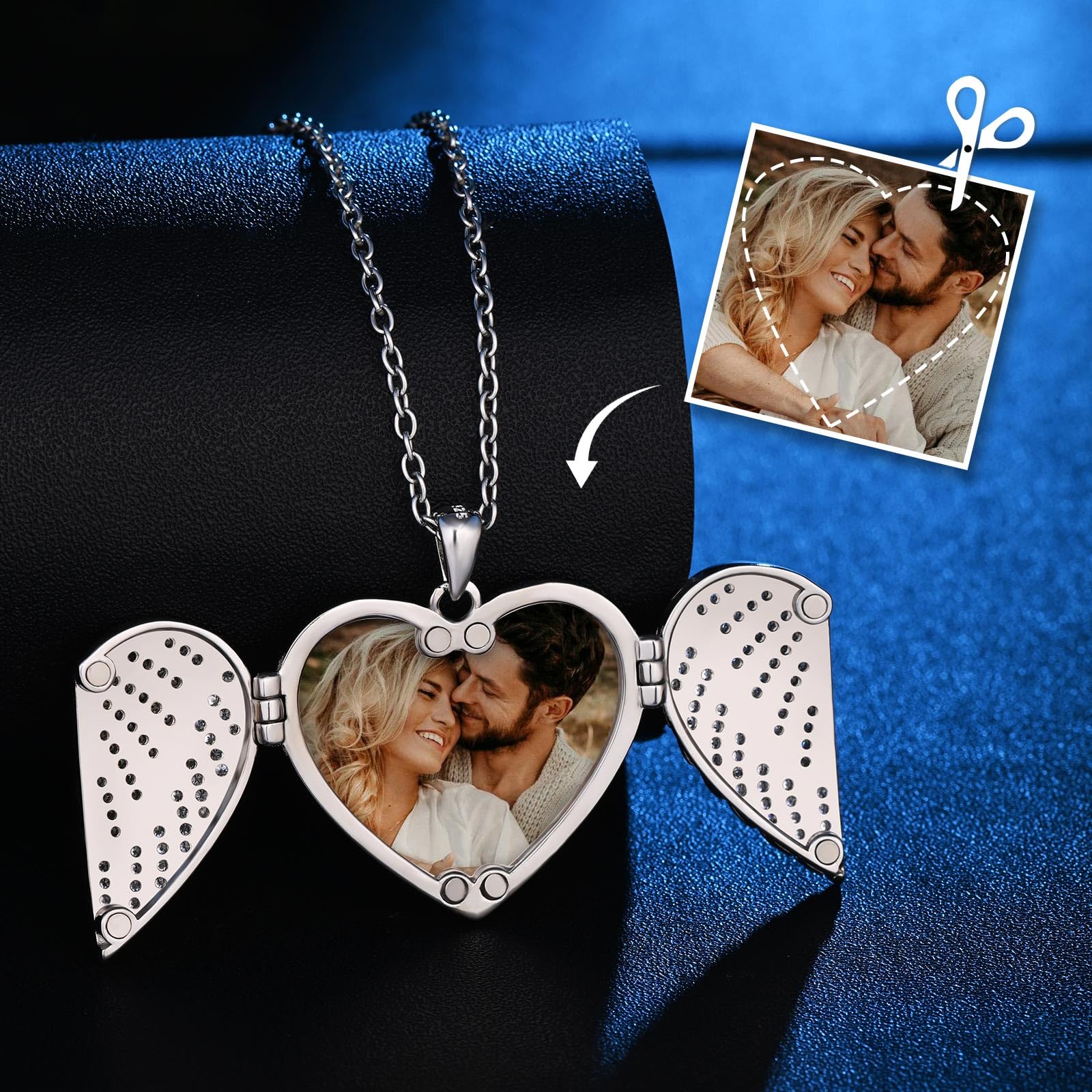 Collana Argento 925 Medaglione Foto con Ali d'Angelo in Zirconi, Gioielli di Memoria Ciondolo a Cuore Personalizzata Portafoto per Donna