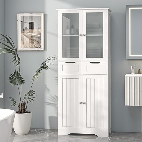 67" Tall Bathroom Storage Cabinet, Freestanding Linen Cabinet with Glass Doors and Shelves, Large Bathroom Pantry Cabinet with 2 Drawers for Living Room, Kitchen, Dining Room, Office, White