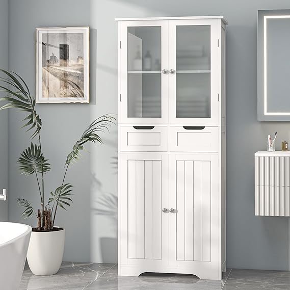 67" Tall Bathroom Storage Cabinet, Freestanding Linen Cabinet with Glass Doors and Shelves, Large Bathroom Pantry Cabinet with 2 Drawers for Living Room, Kitchen, Dining Room, Office, White