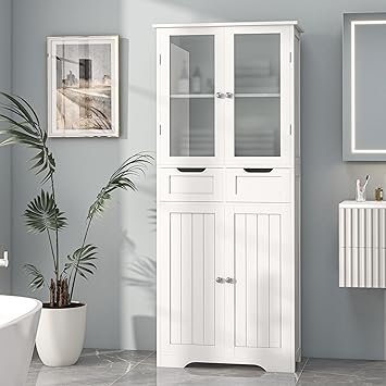 67" Tall Bathroom Storage Cabinet, Freestanding Linen Cabinet with Glass Doors and Shelves, Large Bathroom Pantry Cabinet with 2 Drawers for Living Room, Kitchen, Dining Room, Office, White