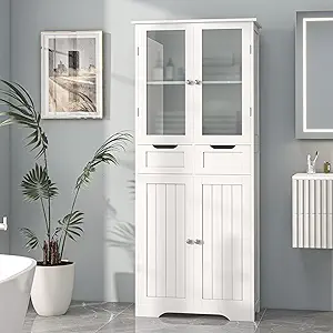 67" Tall Bathroom Storage Cabinet, Freestanding Linen Cabinet with Glass Doors and Shelves, Large Bathroom Pantry Cabinet with 2 Drawers for Living Room, Kitchen, Dining Room, Office, White