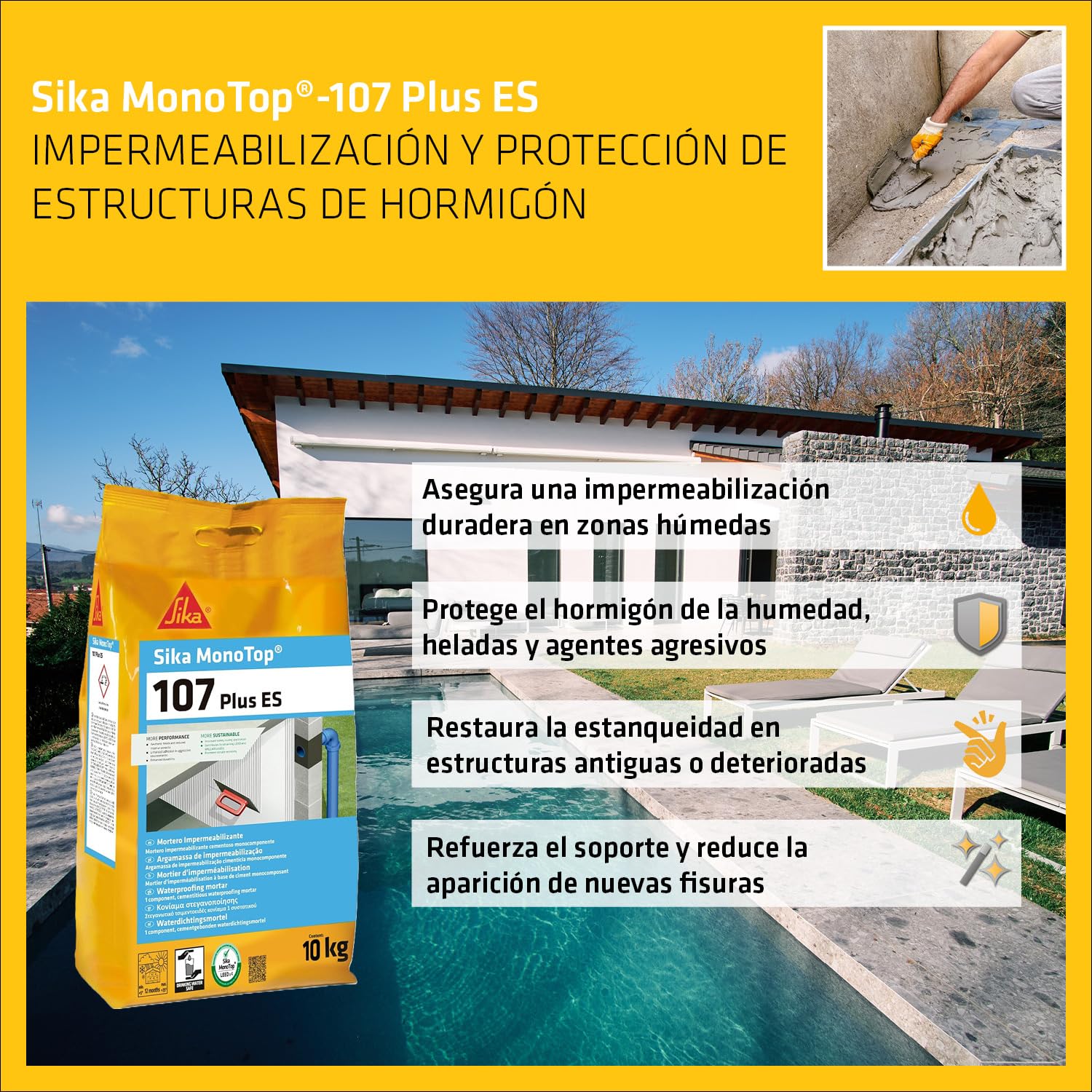 SIKA - Mortero impermeabilizante - Sika MonoTop-107 Plus ES - Gris - Uso en interior y exterior - Hormigón, mortero, piedra y fibrocemento - 10 kg