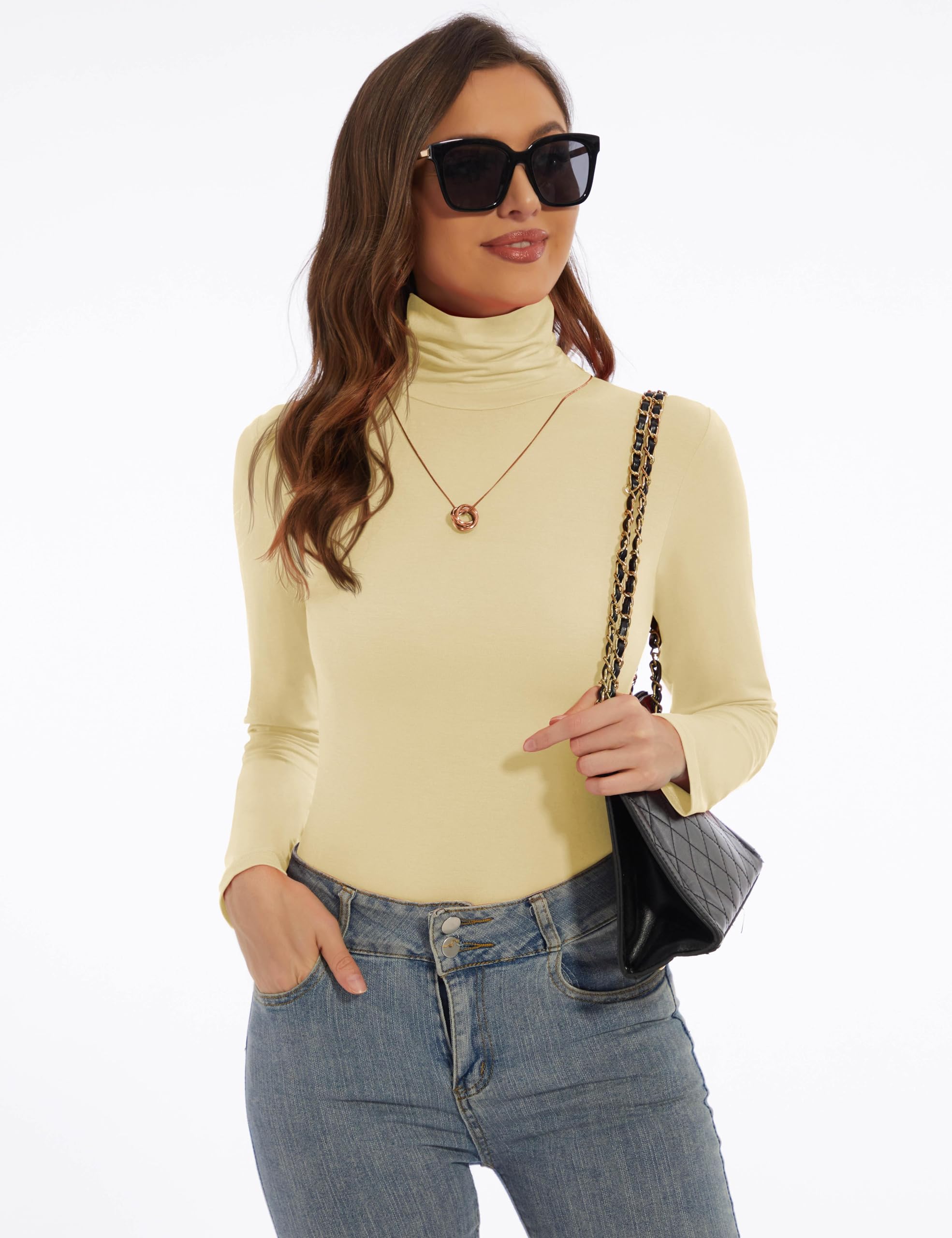 Women's Turtleneck Long Sleeve Shirt - Slim Fit Striped Stretch Blouse Basic Top 2024