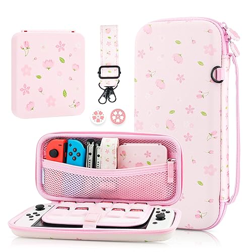 GLDRAM Pink Sakura Carrying Case Bundle for Nintendo Switch & OLED, Elegant Switch Travel Case Protector for Girls, Accessories Kit with Shoulder Strap, Cherry Blossom Game Card Holder & Thumb Caps - Sakura Pink