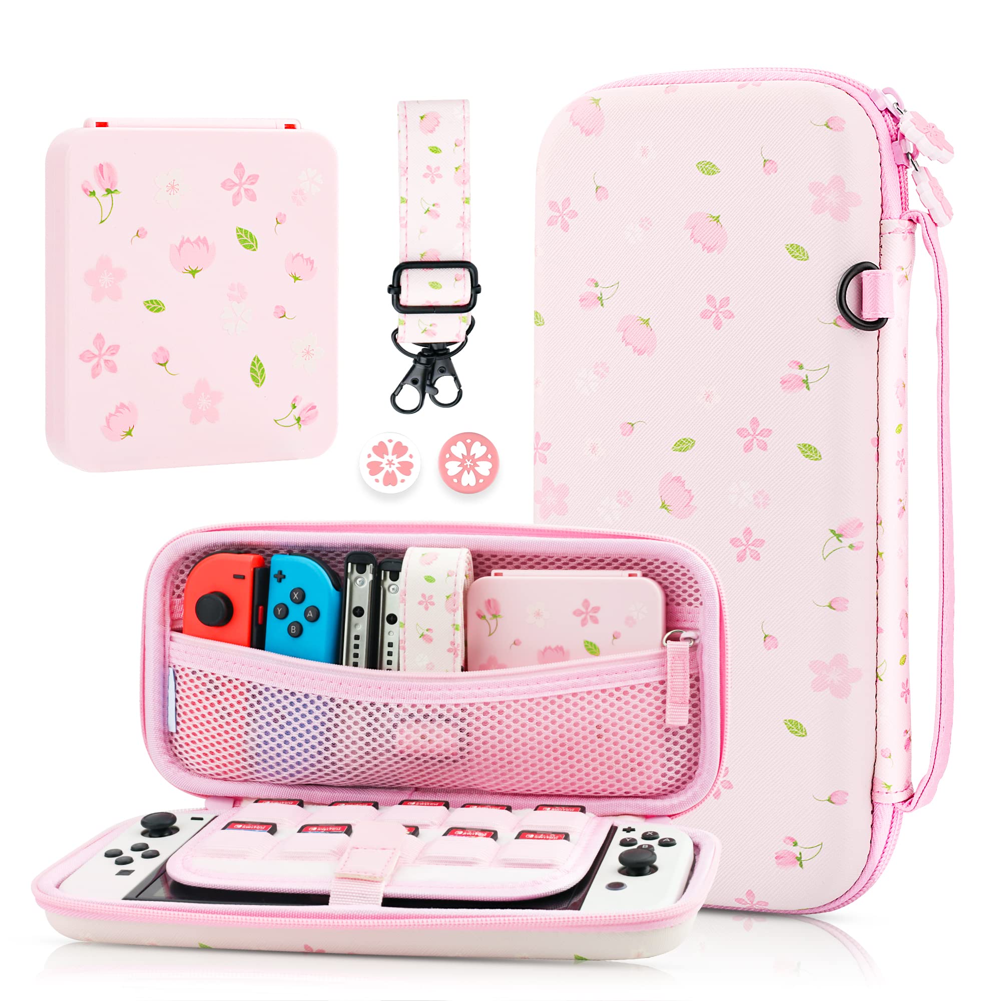 GLDRAMPink Sakura Carrying Case Bundle for Nintendo Switch & OLED, Elegant Switch Travel Case Protector for Girls, Accessories Kit with Shoulder Strap, Cherry Blossom Game Card Holder & Thumb Caps