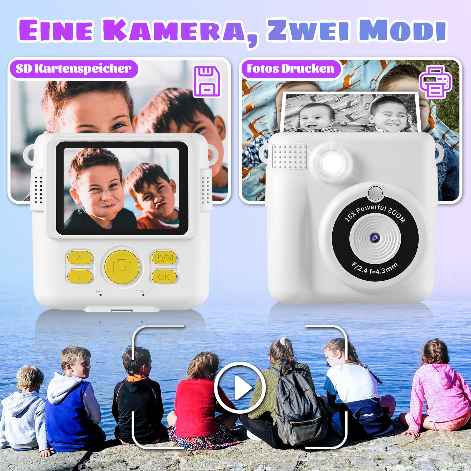 Macchina Fotografica Bambini Istantanea, 2.4 Pollici 1080P HD Fotocamera Istantanea Bambini, Fotocamera Digitale con 32GB Card & Carta da Stampa, Regali per Ragazze Ragazzi 3-14 Anni -Bianco