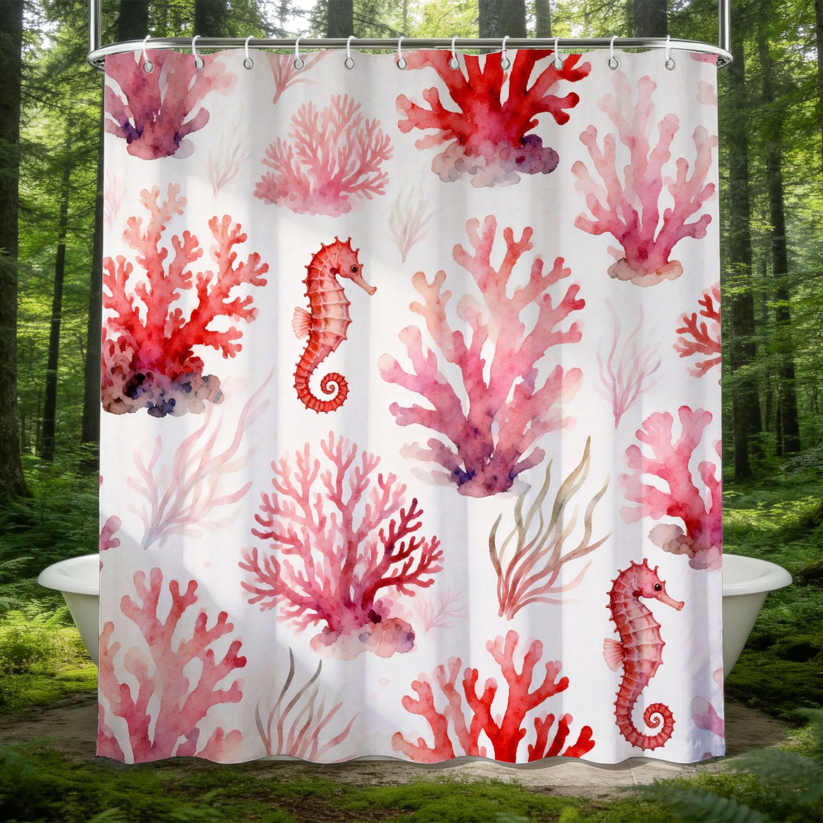 Hongduo 3D Watercolor Coral Shower Curtain for Stalls Bathtubs Coral Bathroom Decor Shower Curtain Set Polyester Fabric Waterproof 180x180cm/71X71 Inch with Hooks