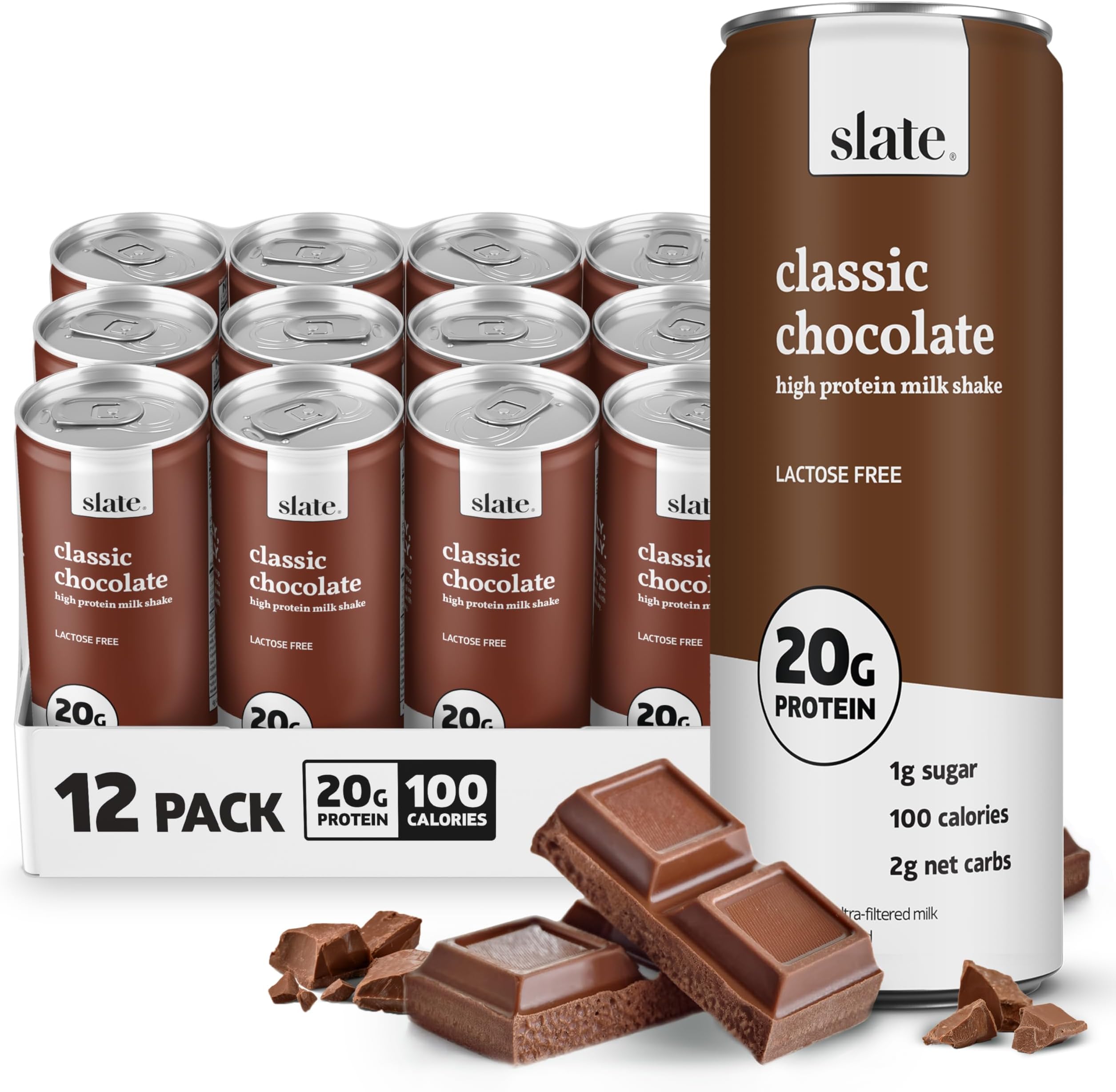 Slate Milk - High Protein Milk Shake - Classic Chocolate - Lactose Free, 20g Protein, 1g Sugar, 100 Calories, 2g Net Carbs, No Added Sugar - Natural, Breakfast Boost, Post Workout - 11 fl oz, 12 Cans