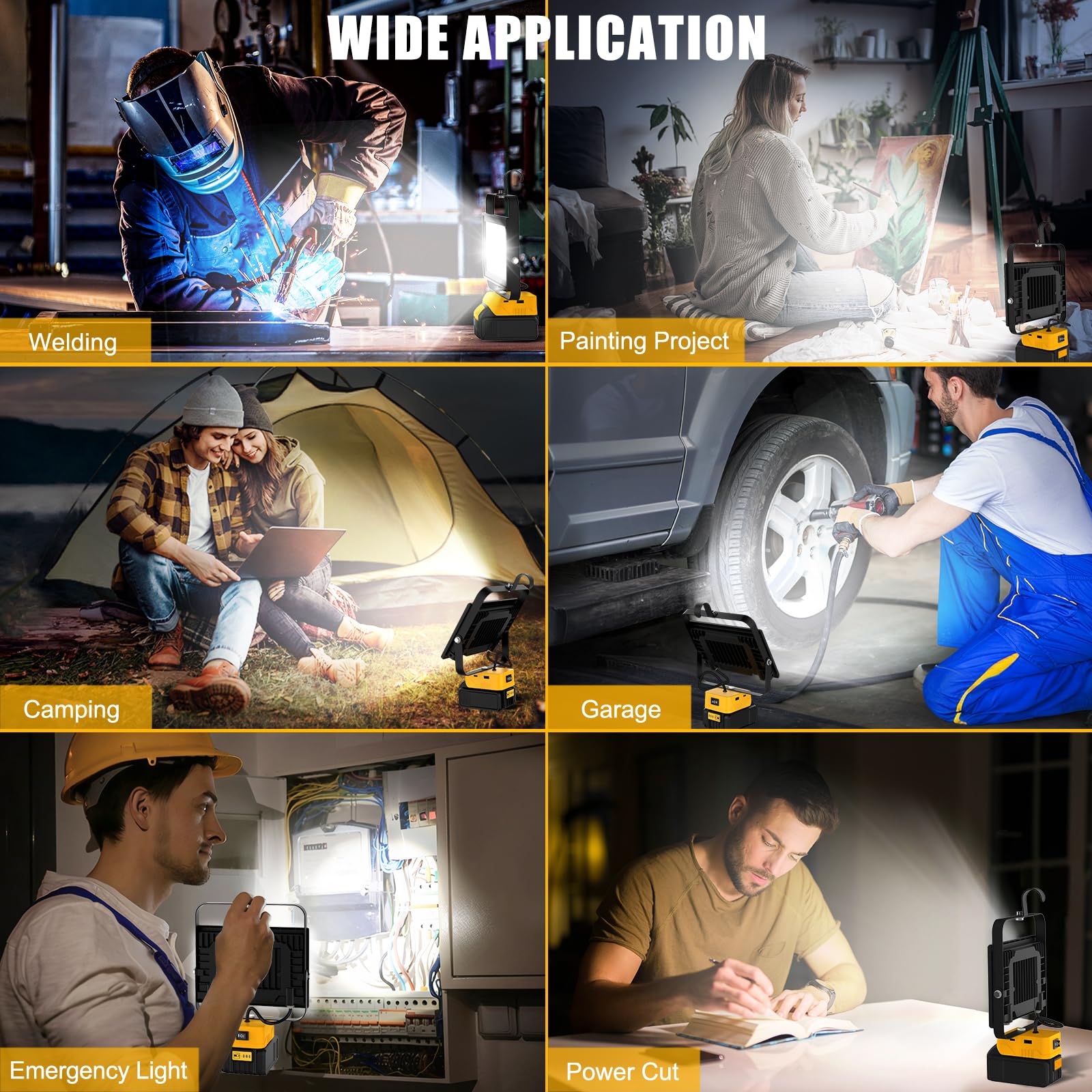 Projecteur LED Rechargeable pour Dewalt 18V/20V Batterie,100W 6500LM Projecteur LED Chantier Portable, Lampe LED avec Charge Type C & USB pour Camping, Chantier, Garage, Atelier(Sans Batterie)