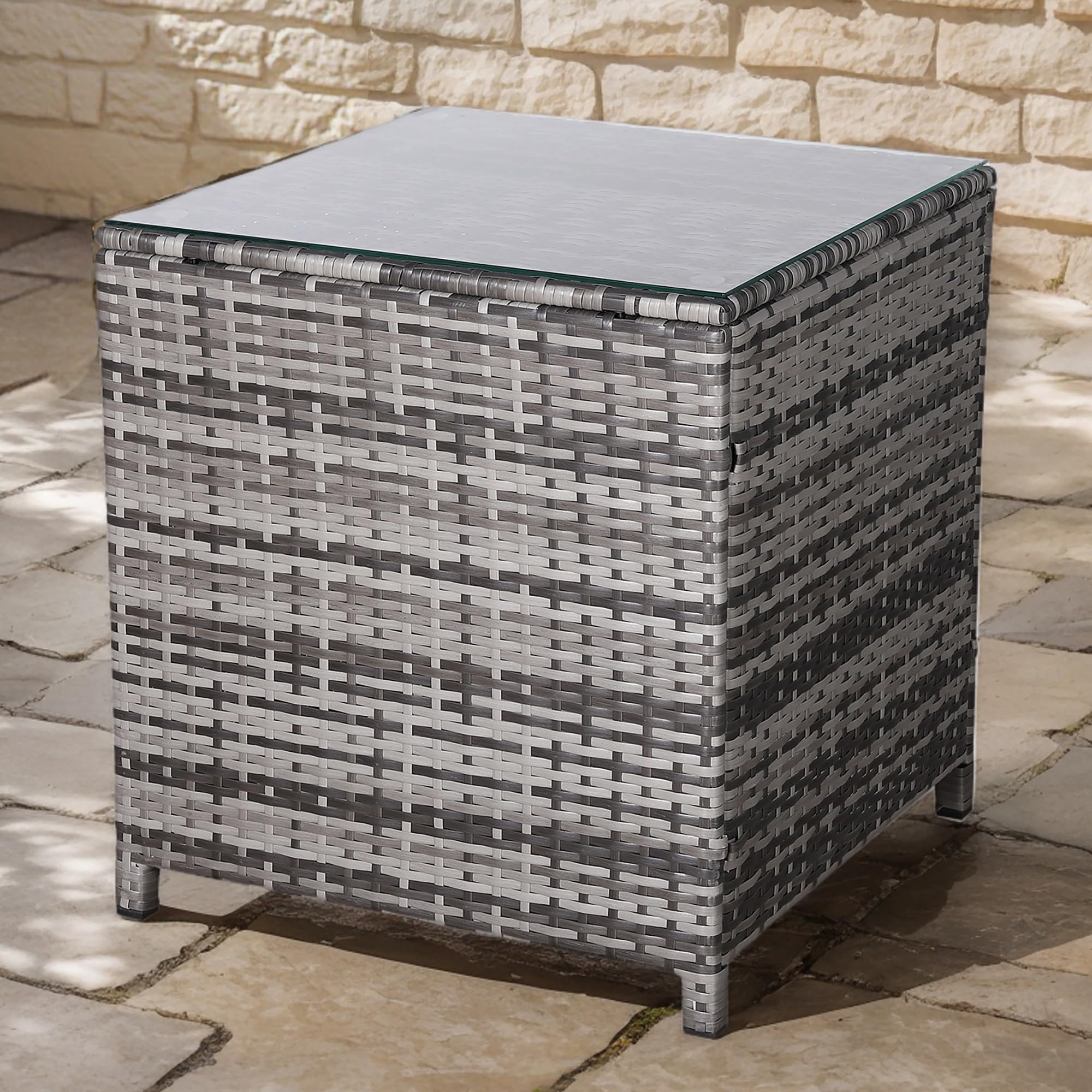 Club Rattan Outdoor Rattan Coffee Table, Side Table with Glass Top, Wicker Weave Side Table,All-Weather Wicker Bistro Outdoor Furniture for Patio, Balcony, Porc (Grey, 64 * 64 * 68)