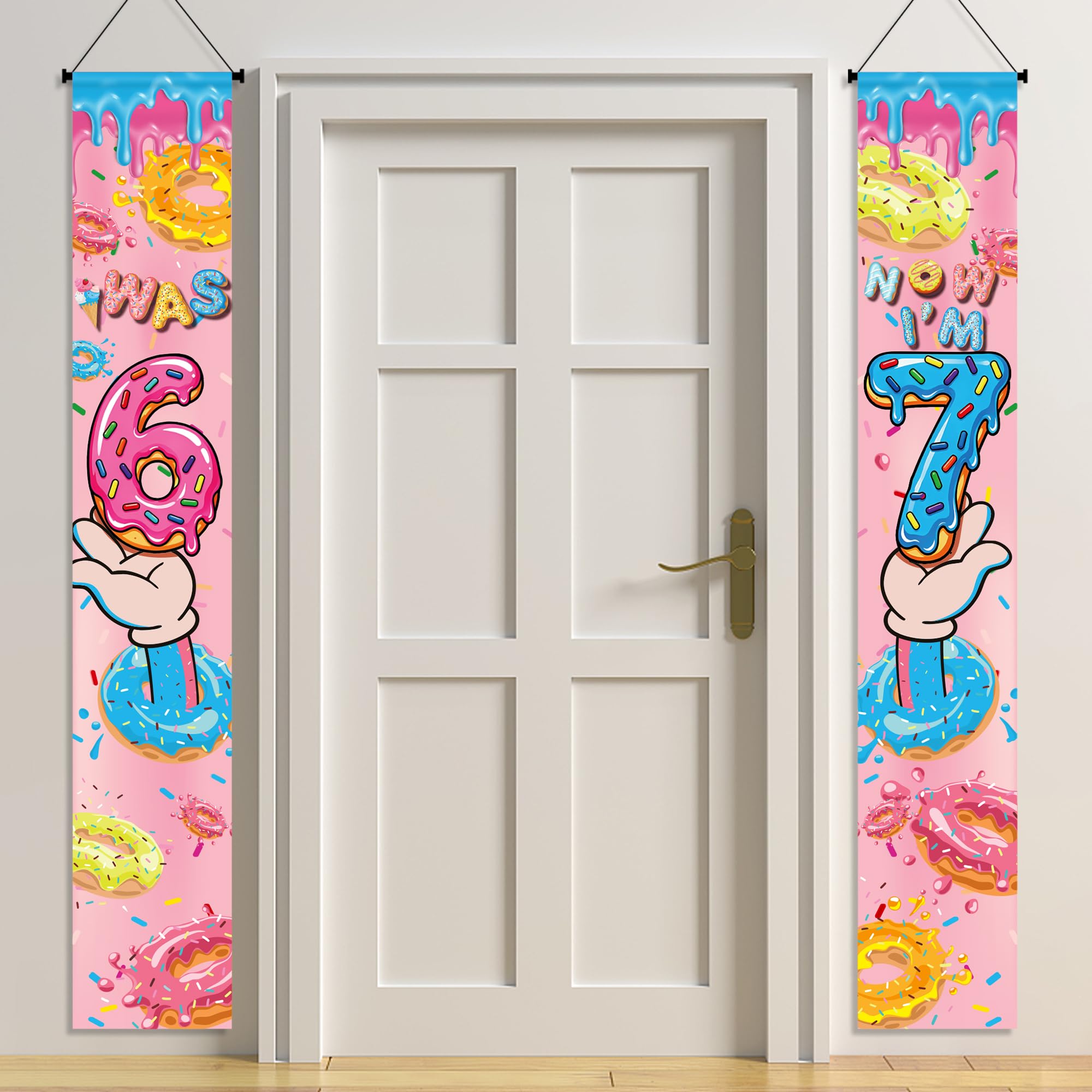 6 7 Birthday Decorations Banner - 2 Pcs Blue Pink Colourful Girls Door Banners I was 6 Now I'm 7 for Girl Donut Desserts 6 7 Birthday Theme Party Decoration Funny Six Seven Party Supplies