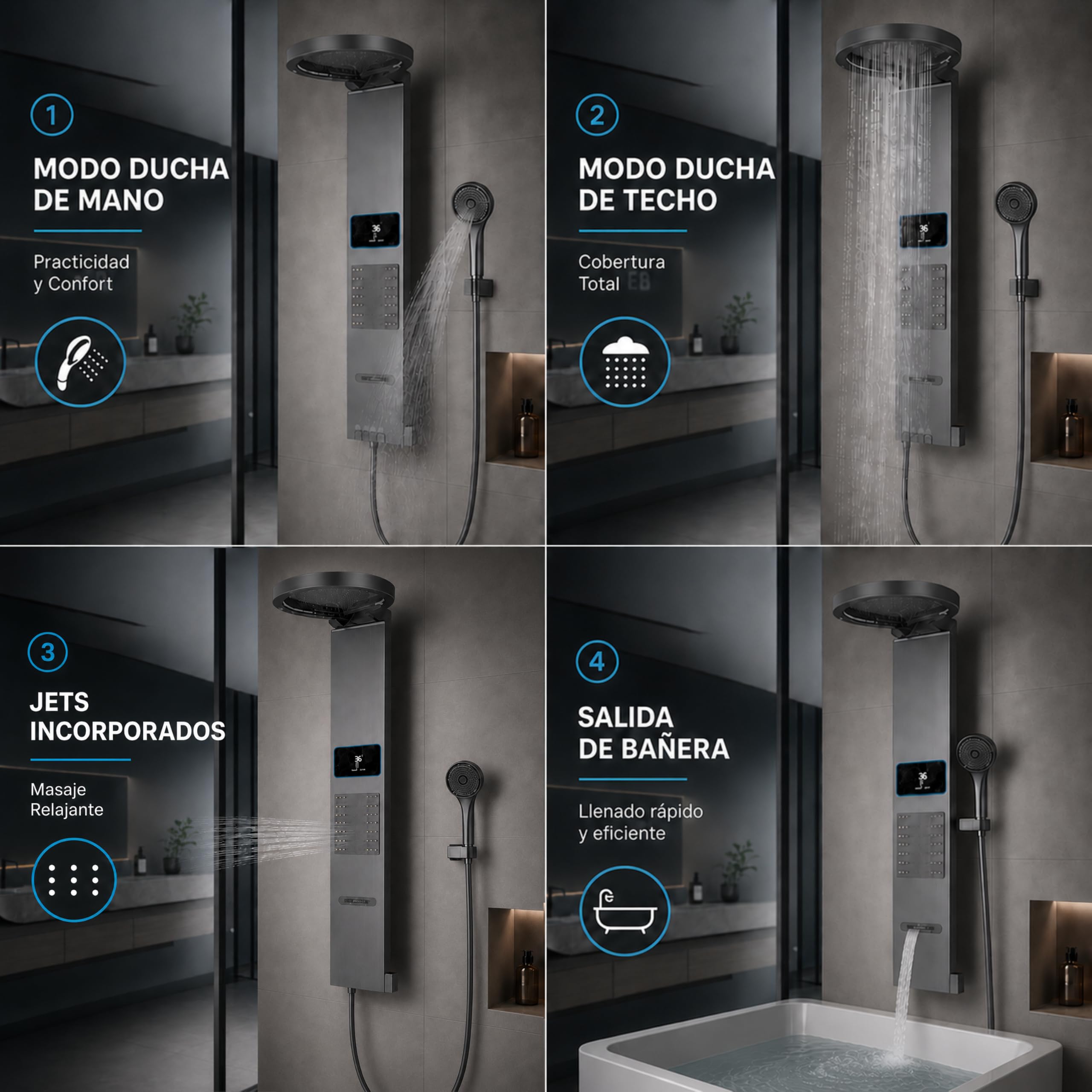 INEX EUROPA Panel de Ducha Termostática de Lujo Gris Titanio - Columna de Ducha Hidromasaje 10 Años de Garantía con 4 Modos de Operación - Torre de Ducha 105 cm Altura Daytona Collection