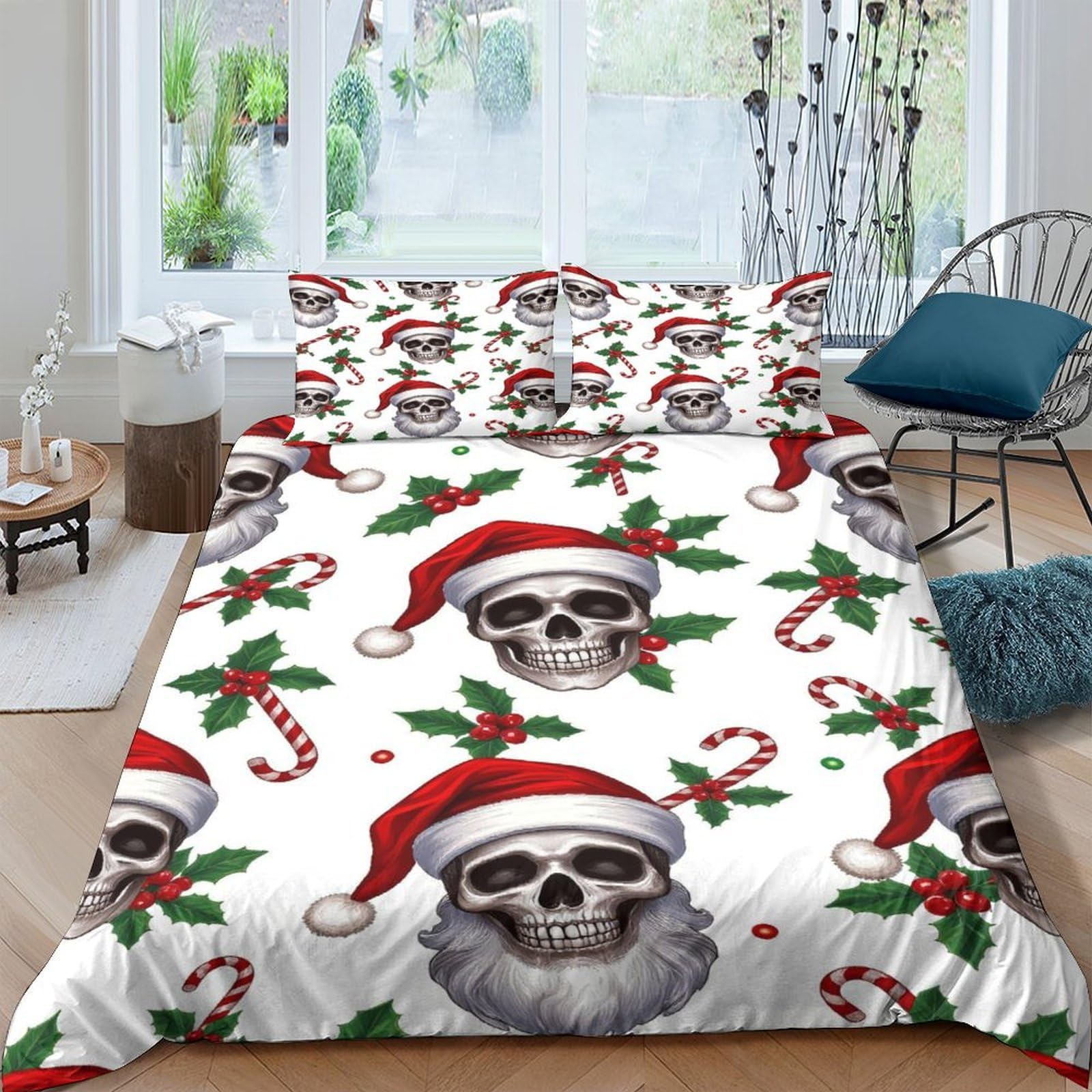 Ctjqhvkz Style-1 3D Printed Skull Christmas Fitted Sheet Microfiber Soft Anti-Slip Santa Candy Cane Bed Cover For Bedroom Dorm Decoration Single（135X200cm）
