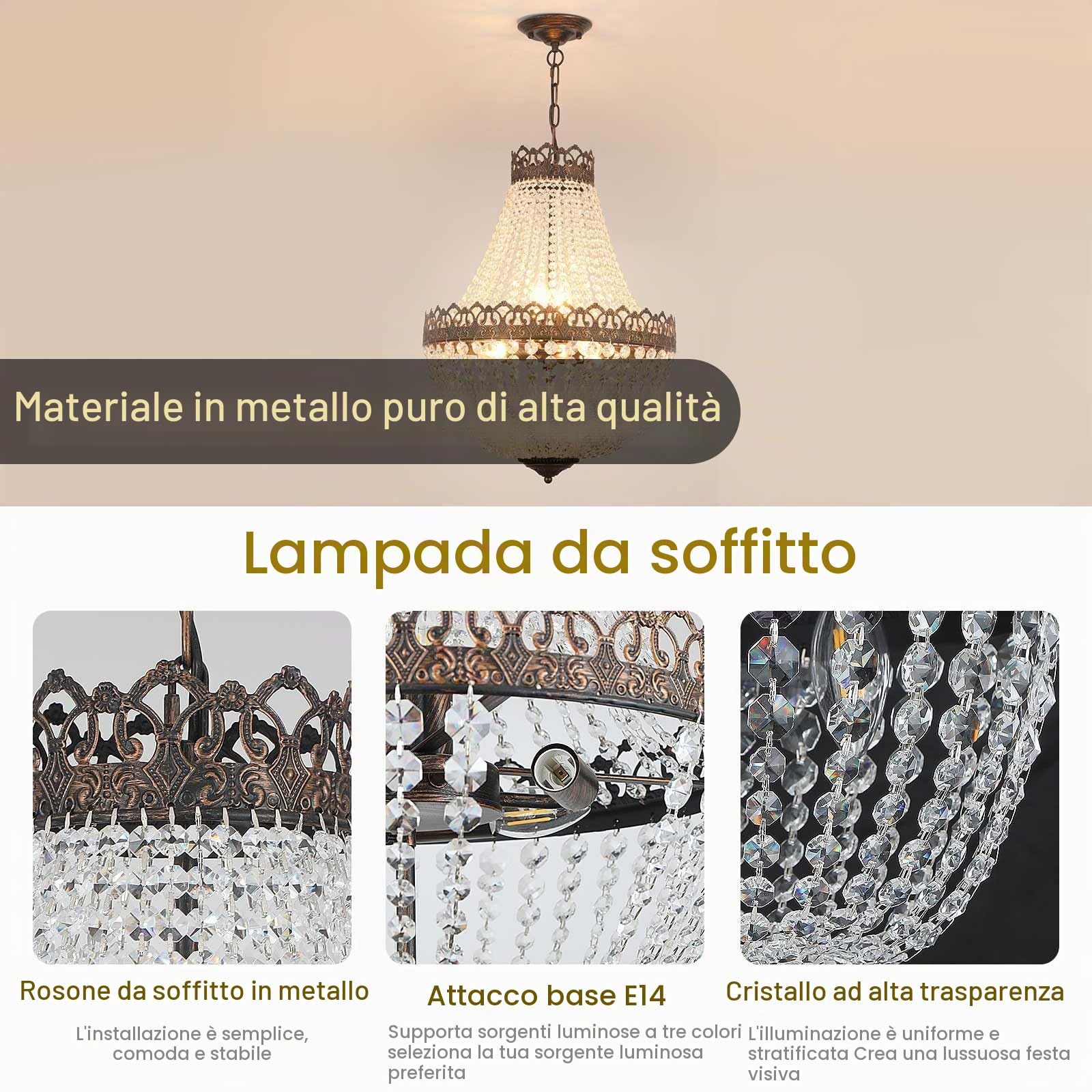 Lampadario Cristallo Vintage,Lampadario Camera da Letto E14,Catena Regolabile L100cm,Lampadario Cucina Sospensione 4 Luci,Lampadario Led Soffitto Soggiorno Anticata Nera-Oro,60W,Ø46*63cm.