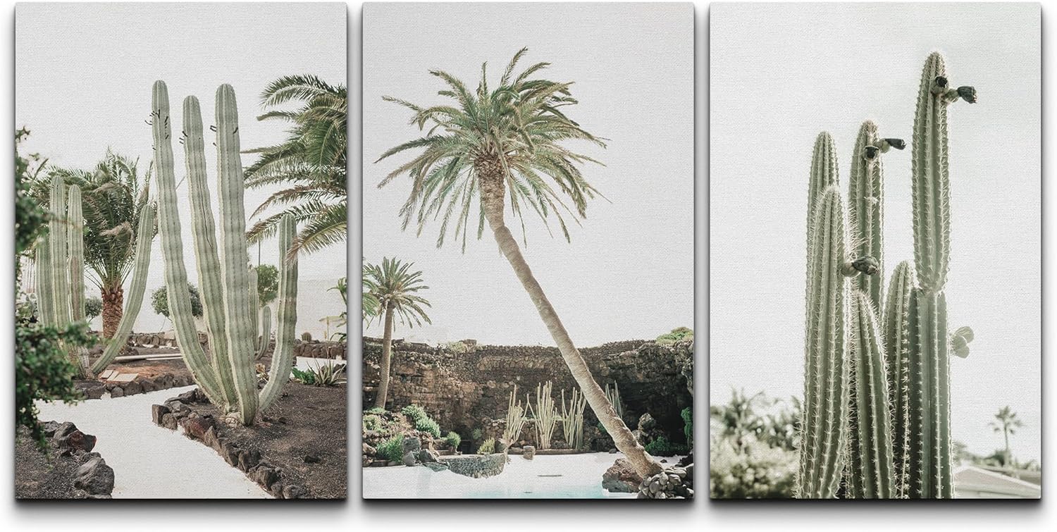 NWT Canvas Print Wall Art Set Emerald Green Cactus Palm Tree Desert Landscape Nature Wilderness Photography Modern Art Decorative Minimalist Floral Botanical for Bedroom - 24"x36" x 3
