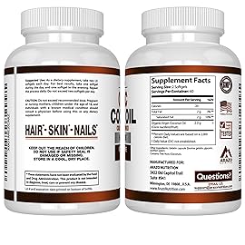 Arazo Nutrition Organic Coconut Oil 2000 MG - 100% Extra Virgin Unrefined Cold Pressed for Weight Support, Skin, Hair, Nails - 120 Softgel Capsules