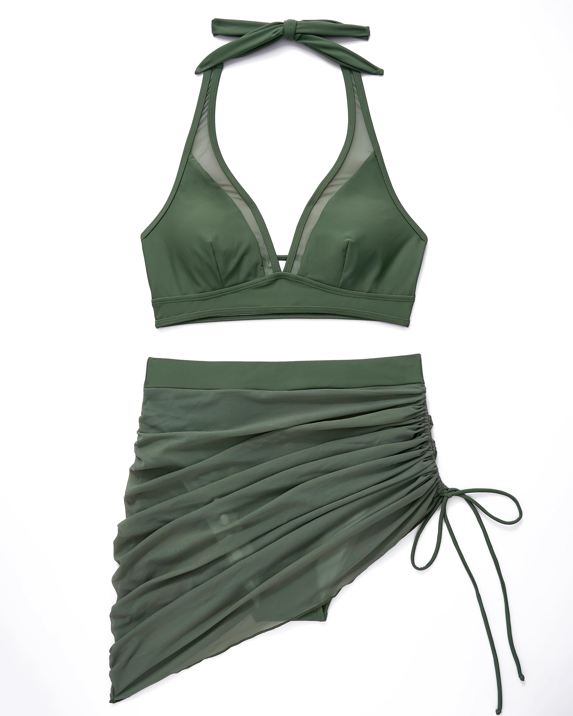 DOULAFASS Bikini taille haute en maille pour femme avec jupe push-up, dos nu, ventre plat