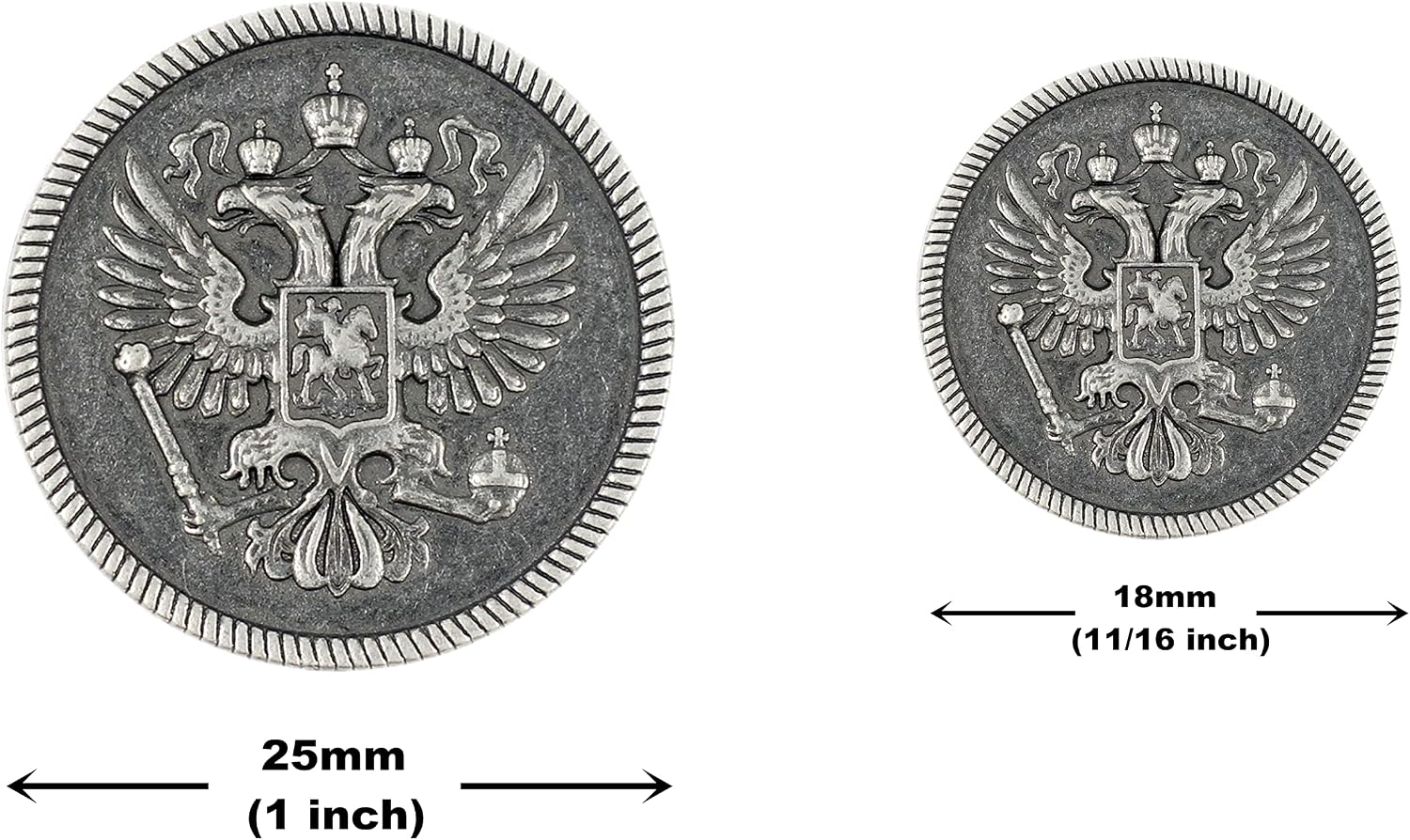Bezelry Two-Headed Eagle Metal Shank Double Blazer Button Set. 6 Pcs of 25mm, 8 Pcs of 18mm (Gray Silver) image 2