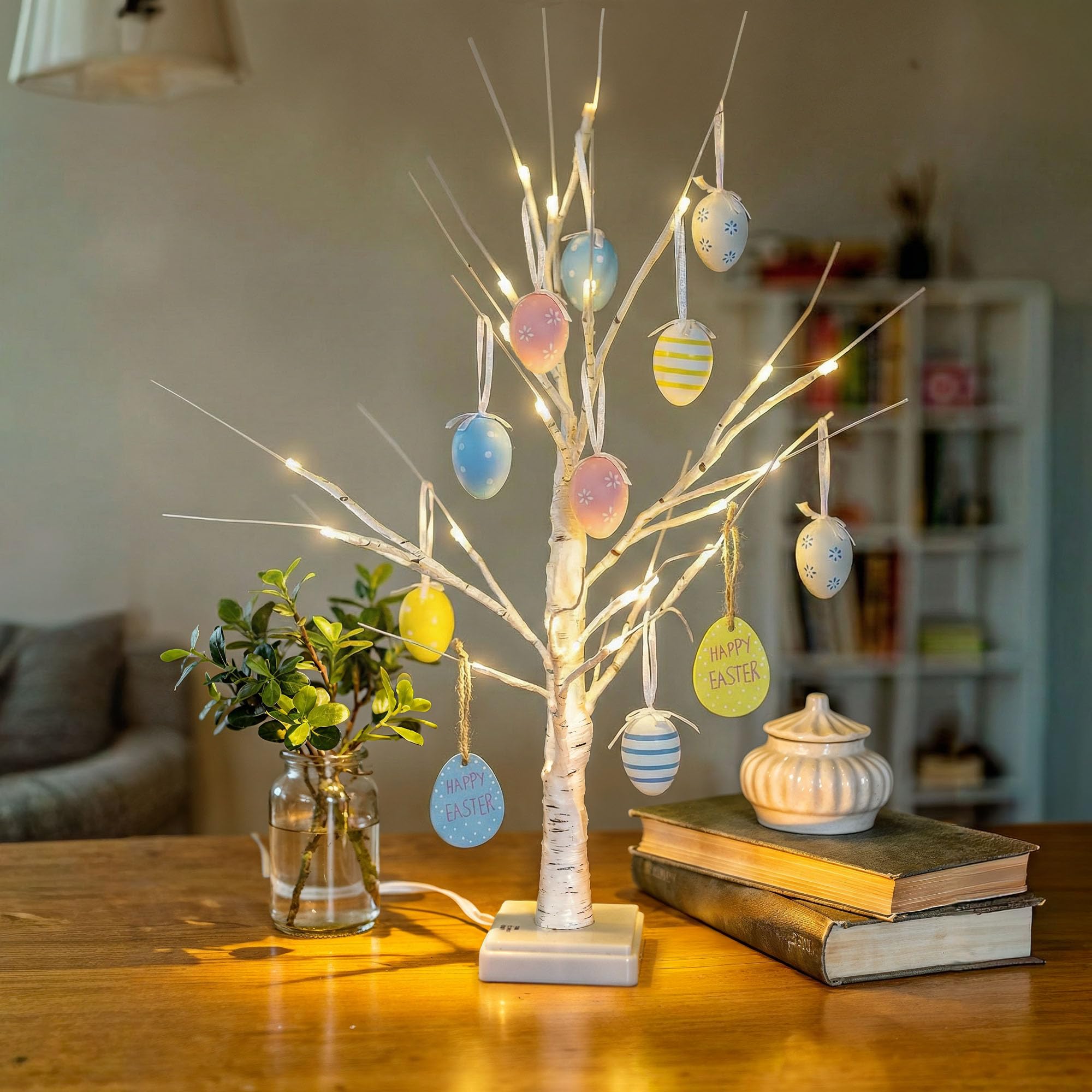 Redstar White Easter Tree With Lights And Hanging Easter Egg Decorations - Micro Usb Or Battery Operated 60Cm Tabletop Twig Tree With Lights And Hanging Egg Decorations