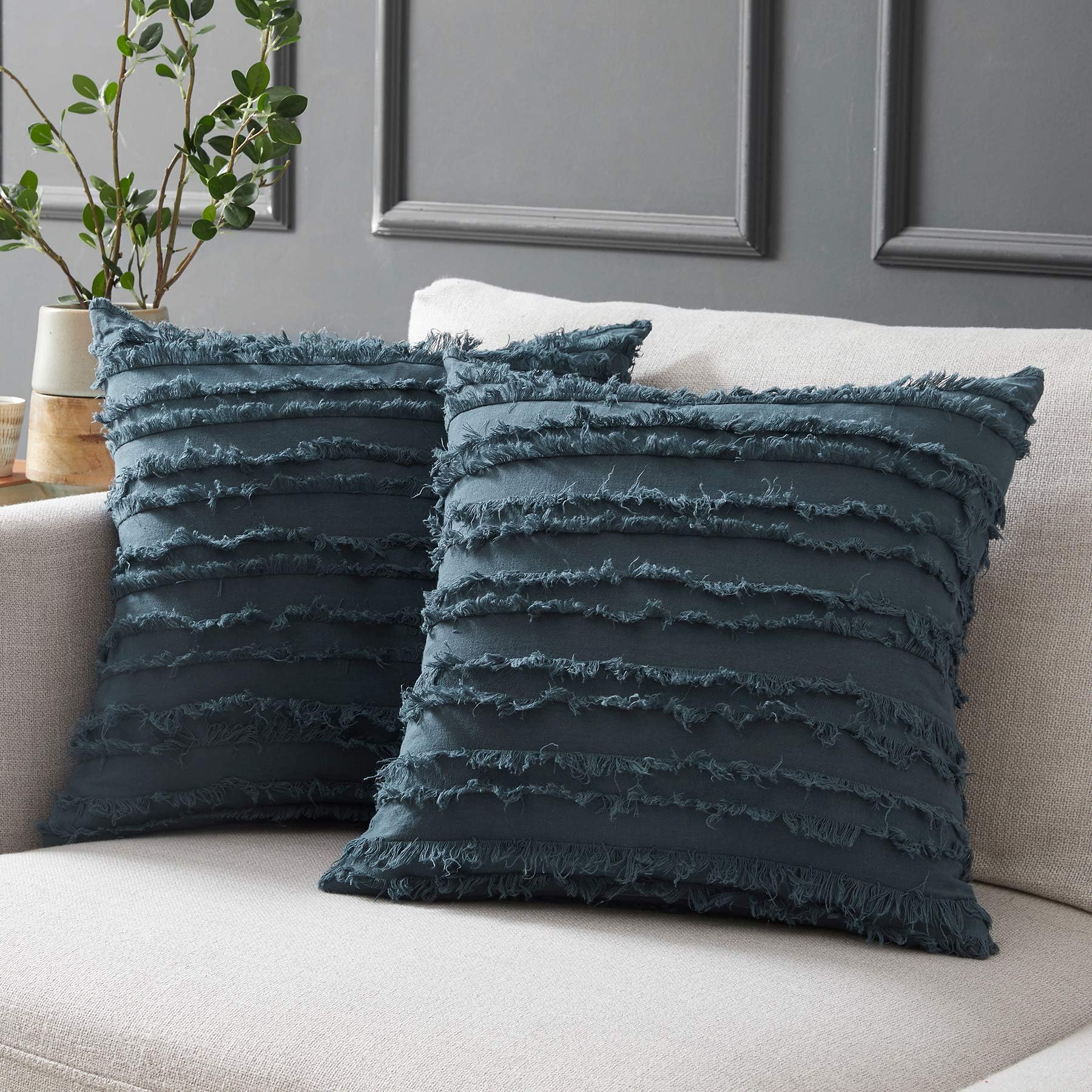 Grey Blue Throw Pillow Covers for Couch Sofa Bed, Cotton Linen Decorative Pillows Cushion Covers, 22 x 22 inches, Set of 2