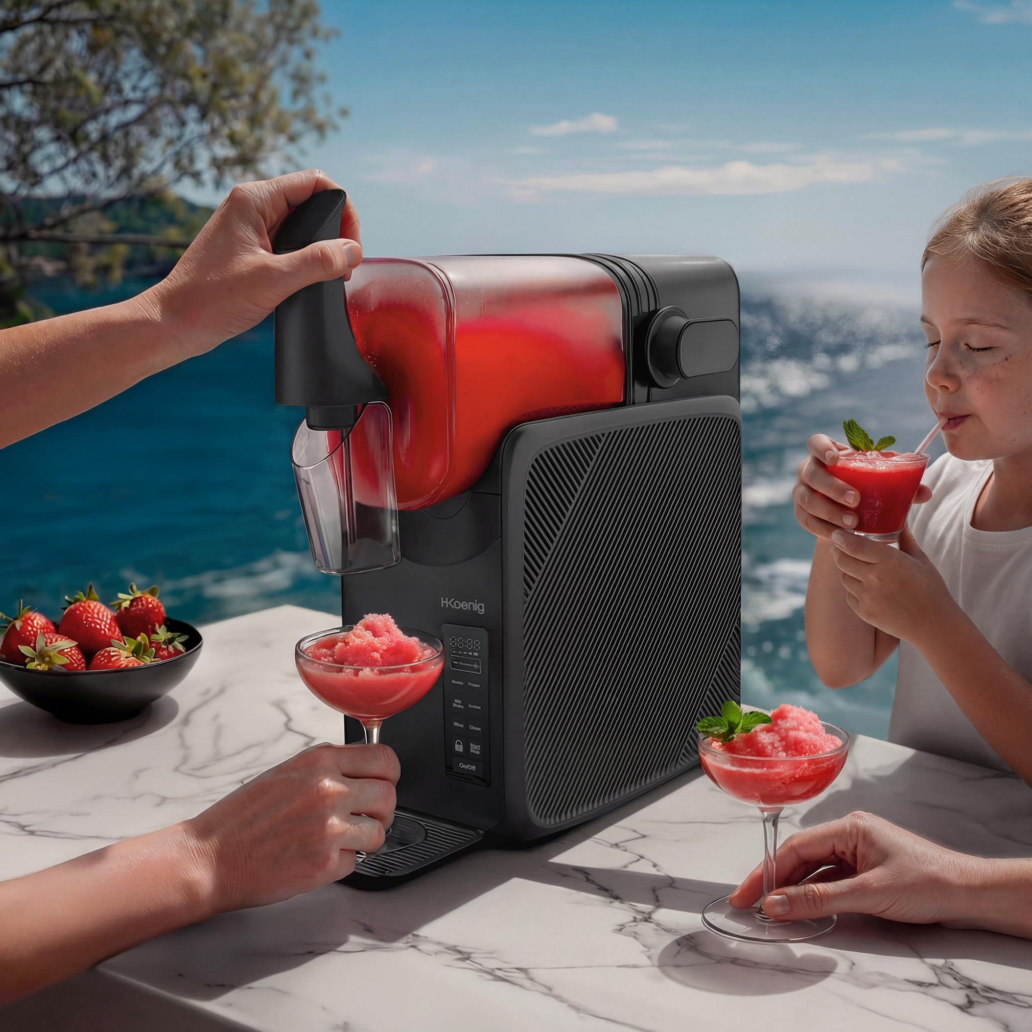 Macchina per granita SLH800 HKoenig, 5 modalità preimpostate, bevande ghiacciate, Milkshake, caffè freddo, cocktail, capacità 2,5L, funzione mantenimento freddo, autopulente, pannello touch, nero