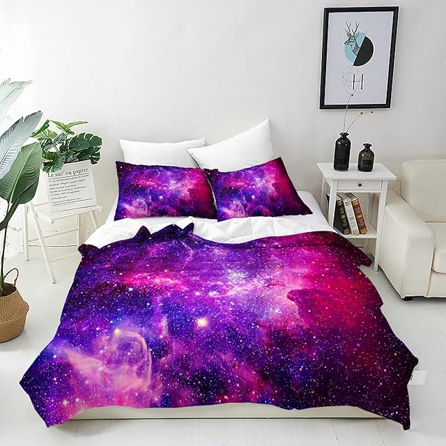 ANHOPE Galaxy Duvet Cover Set Soft Comforter Cover Set with Purple Pink Nebula Stars Print Pattern 3 Piece Bedding Set with Pillowcase All Season Quilt Cover with Zipper for Kids Adults Single Size
