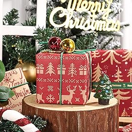 RUSPEPA Christmas Kraft Wrapping Paper Roll - Red Reindeer, Snowflake, Christmas Tree and Text Design - 17 inches x 10 feet per Roll, Total of 4 Rolls