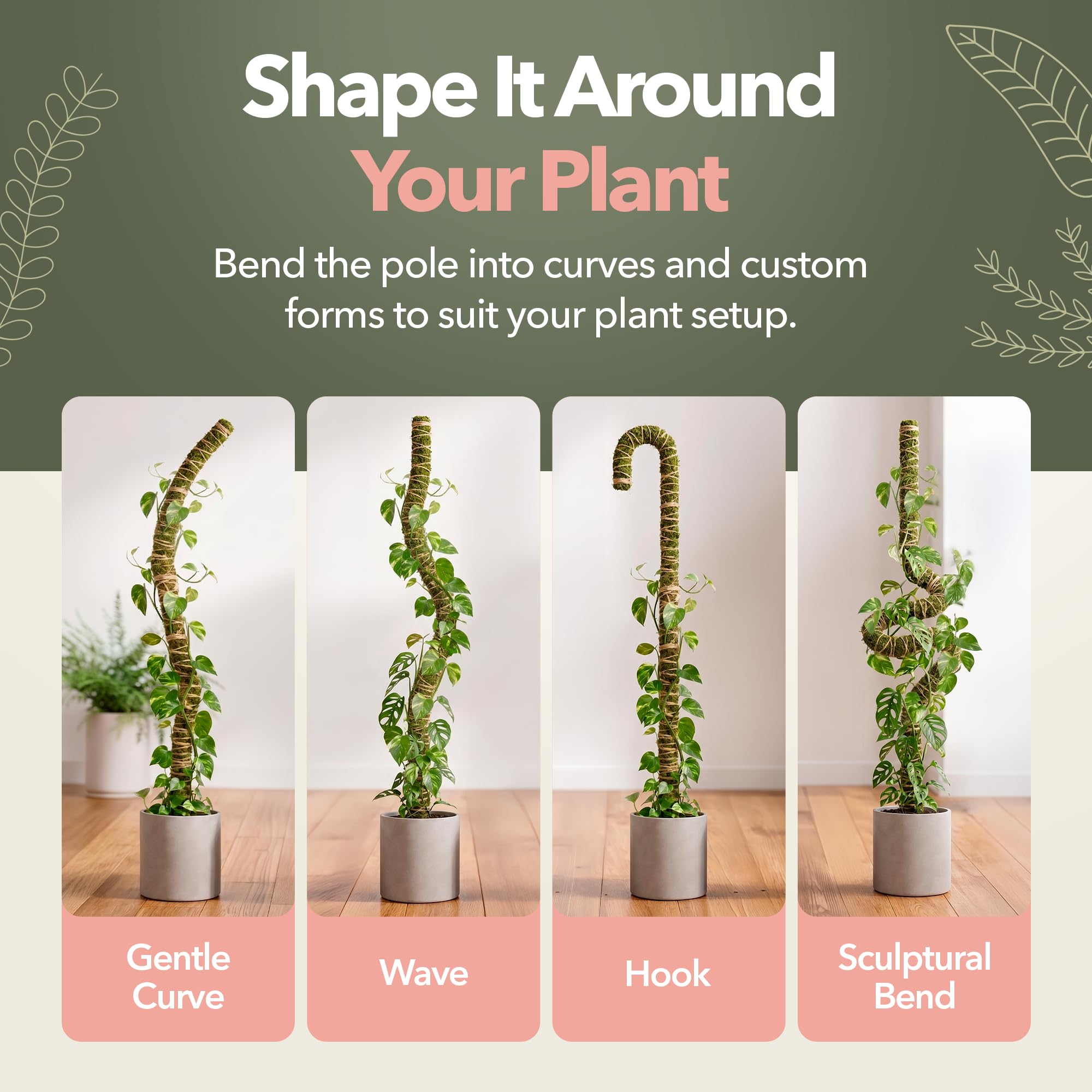 Mossify Poteau en mousse pliable de 137,2 cm pour plantes grimpantes d'intérieur – Poteau en mousse 100 % cultivée de manière durable pour croissance en intérieur – Support flexible fait à la main