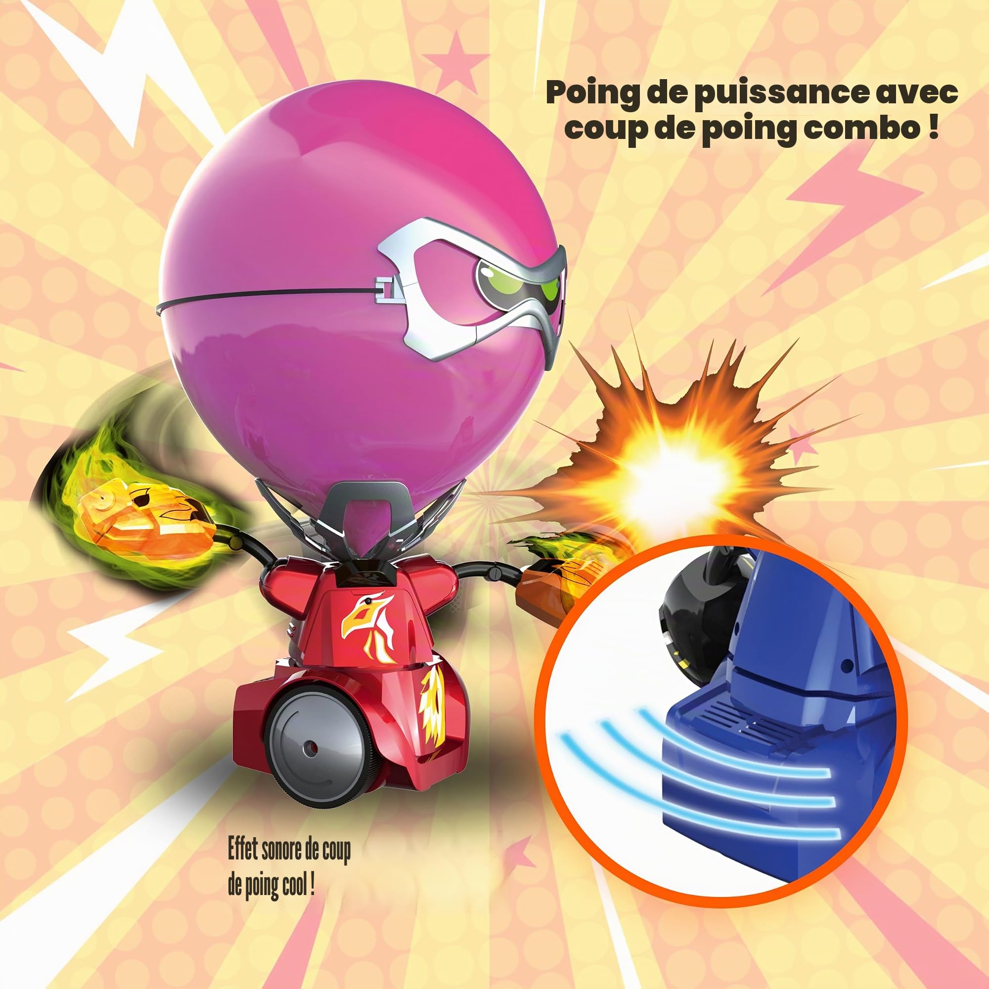 YCOO Pack 2 Robots Kombat Ballon Télécommandé 14cm, Coloris aléatoire, Explose la Tête de ton Adversaire, Jouet avec Effets sonores Et Lumineux, Dès 5 ans