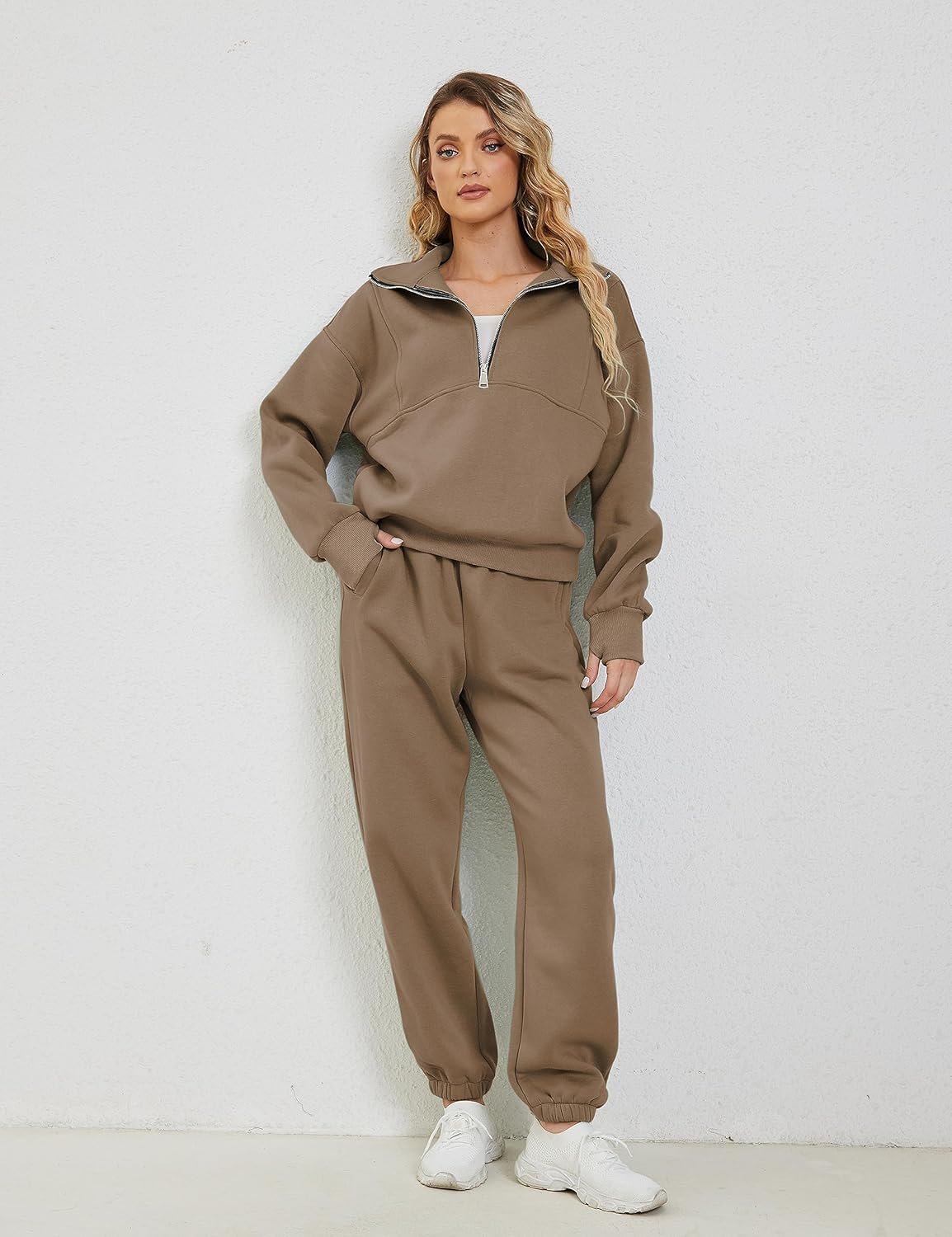 Himosyber Women Sweatsuits Half Zip Fleece Sweatshirt and Pant 2 Piece Joggers Set Tracksuit