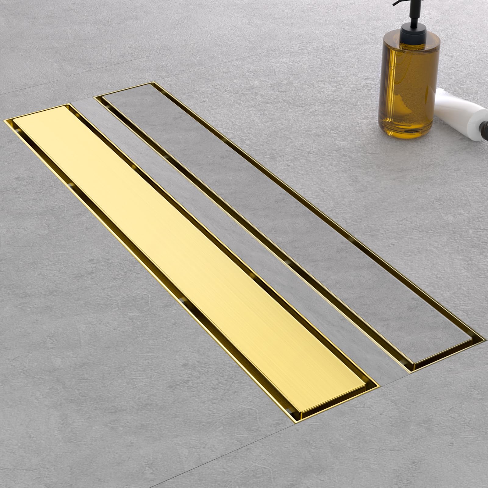 Linear Shower Drain, 24 Inch Brushed Gold 304 Stainless Steel Shower Drain with Tile Insert Panels, Rectangle Shower Floor Drain with Adjustable Feet, Hair Catcher, Fits Bathroom, Balcony