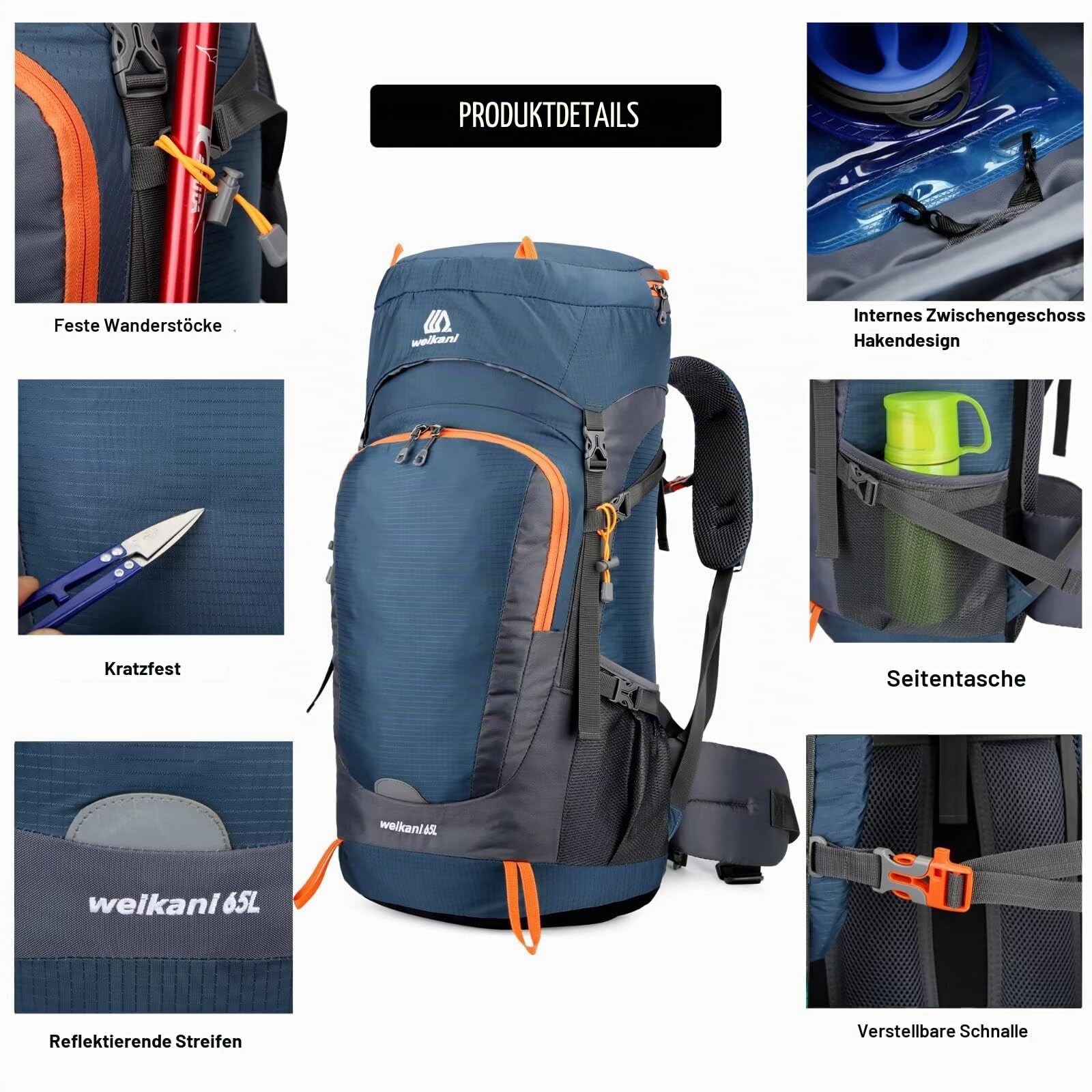 65L Wanderrucksack mit Regenschutz, leicht, Camping, Tagesrucksack, großer Trekkingrucksack für Damen und Herren, wasserdichter Rucksack für Outdoor, Reisen, Wandern, Trekking, Camping, Sport