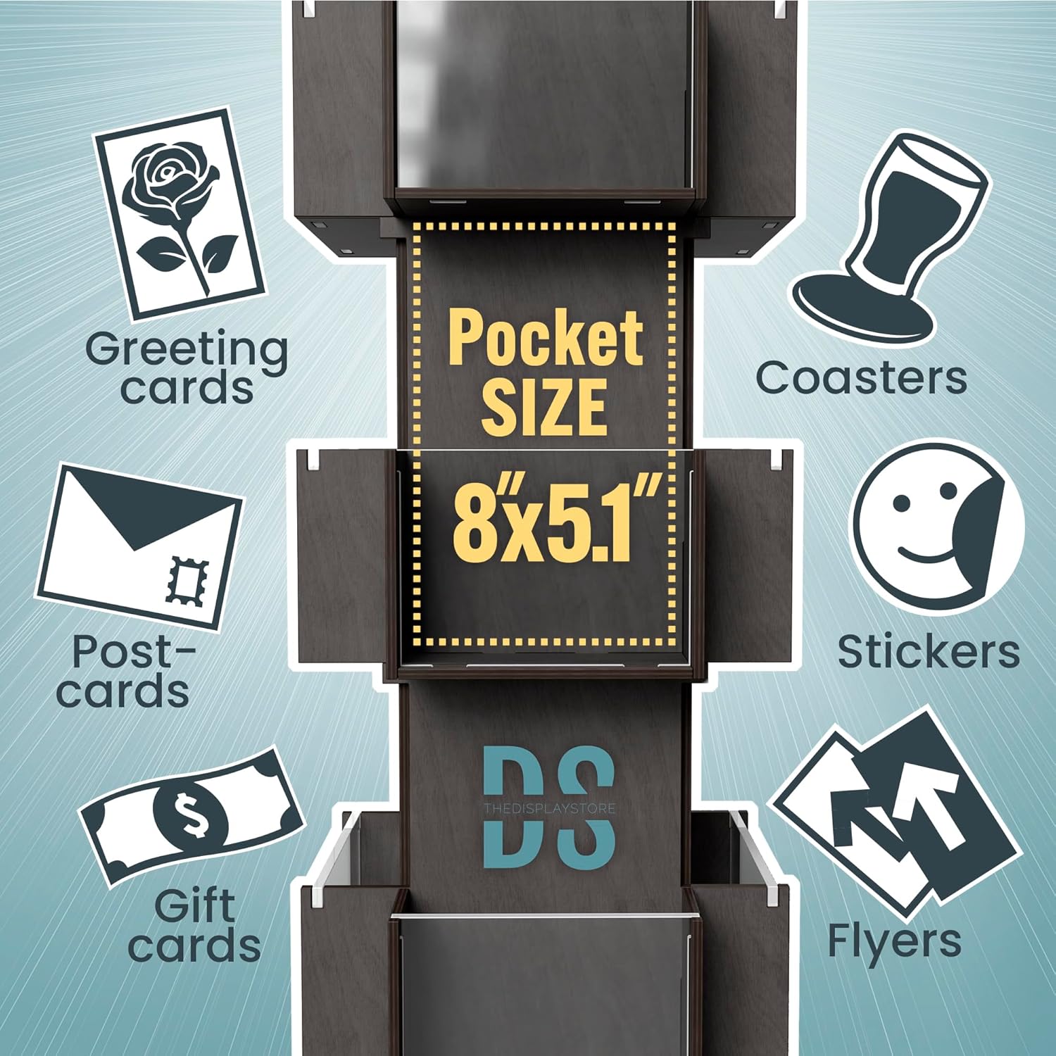 DS THE DISPLAY STORE Black 3 Tier Wooden Rotating Greeting Card Retail Display Stand, Sticker Display Card Stand, Rotating Display Stand & Sticker Holder, Retail Counter Vendor Display