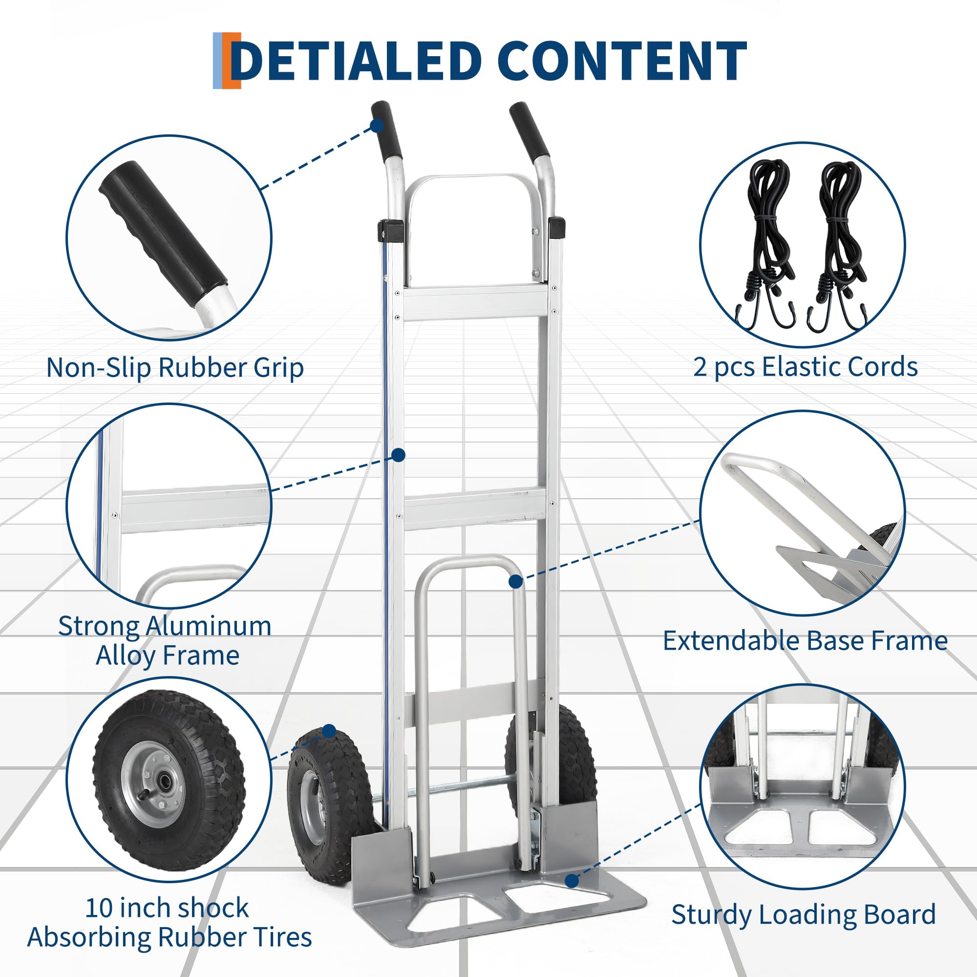 Carretilla De Mano De Aluminio Resistente con Capacidad De 272 Kg, Plataforma Plegable con Base Extensible, Ruedas Neumáticas De 25 Cm, Incluye 2 Cordones Elásticos, Ideal para Almacenes